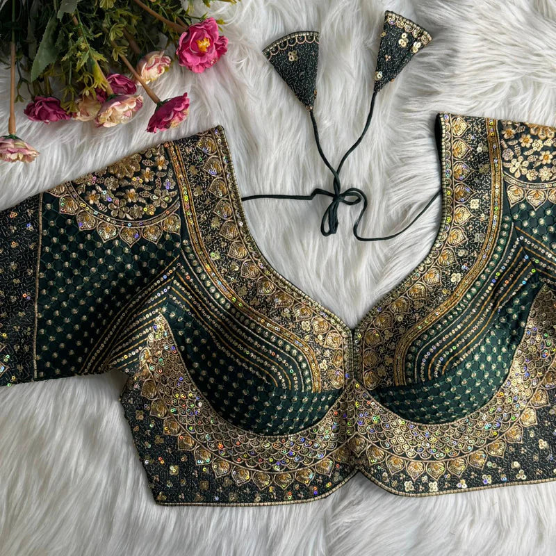 Bottle Green Designer Bridal Blouse with Heavy Stars, Rainbow & Sequins Work Roman Silk