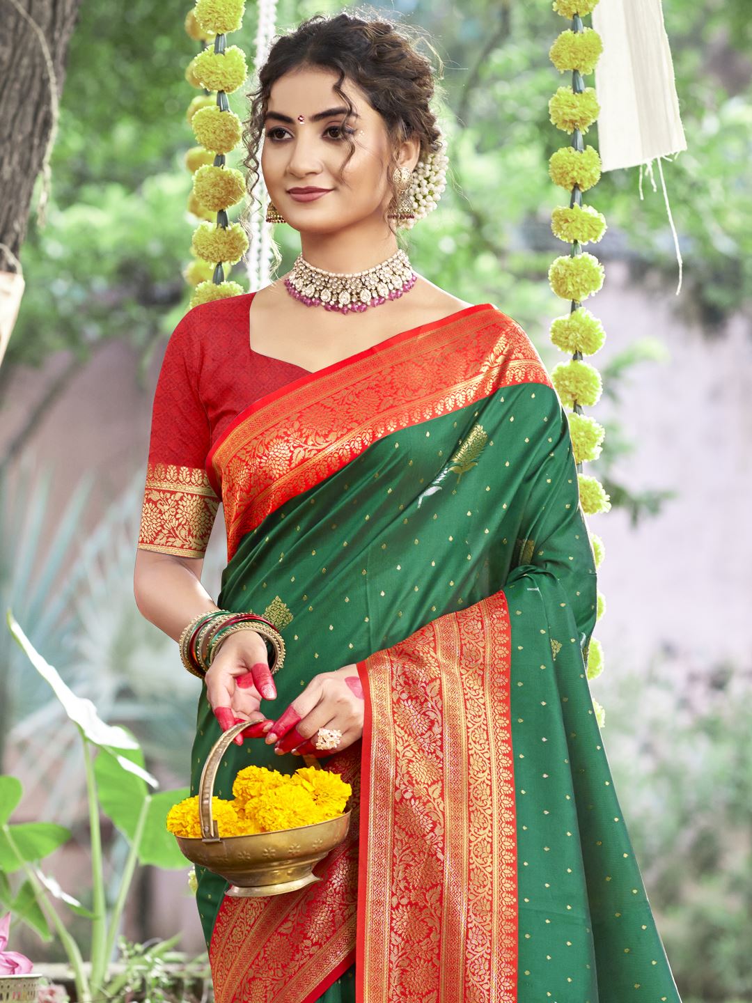 Bottle Green Jacquard Silk Festive Saree