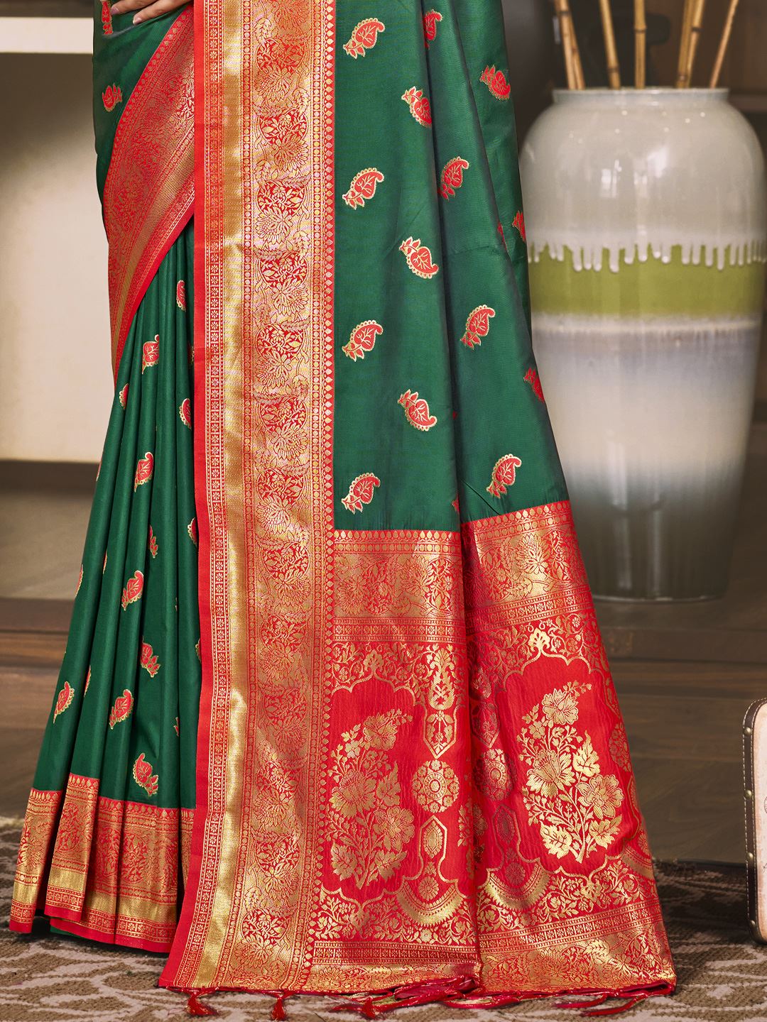 Bottle Green Jacquard Woven Silk Saree