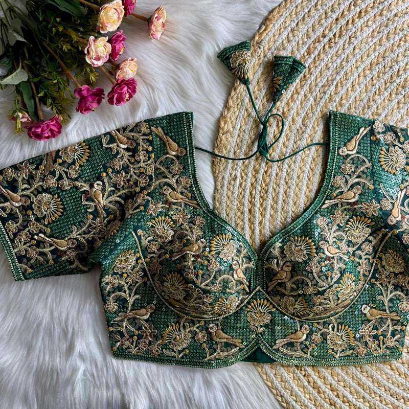 Bottle Green Luxury Bird Motif Bridal Blouse Roman Silk Designer Wedding Wear