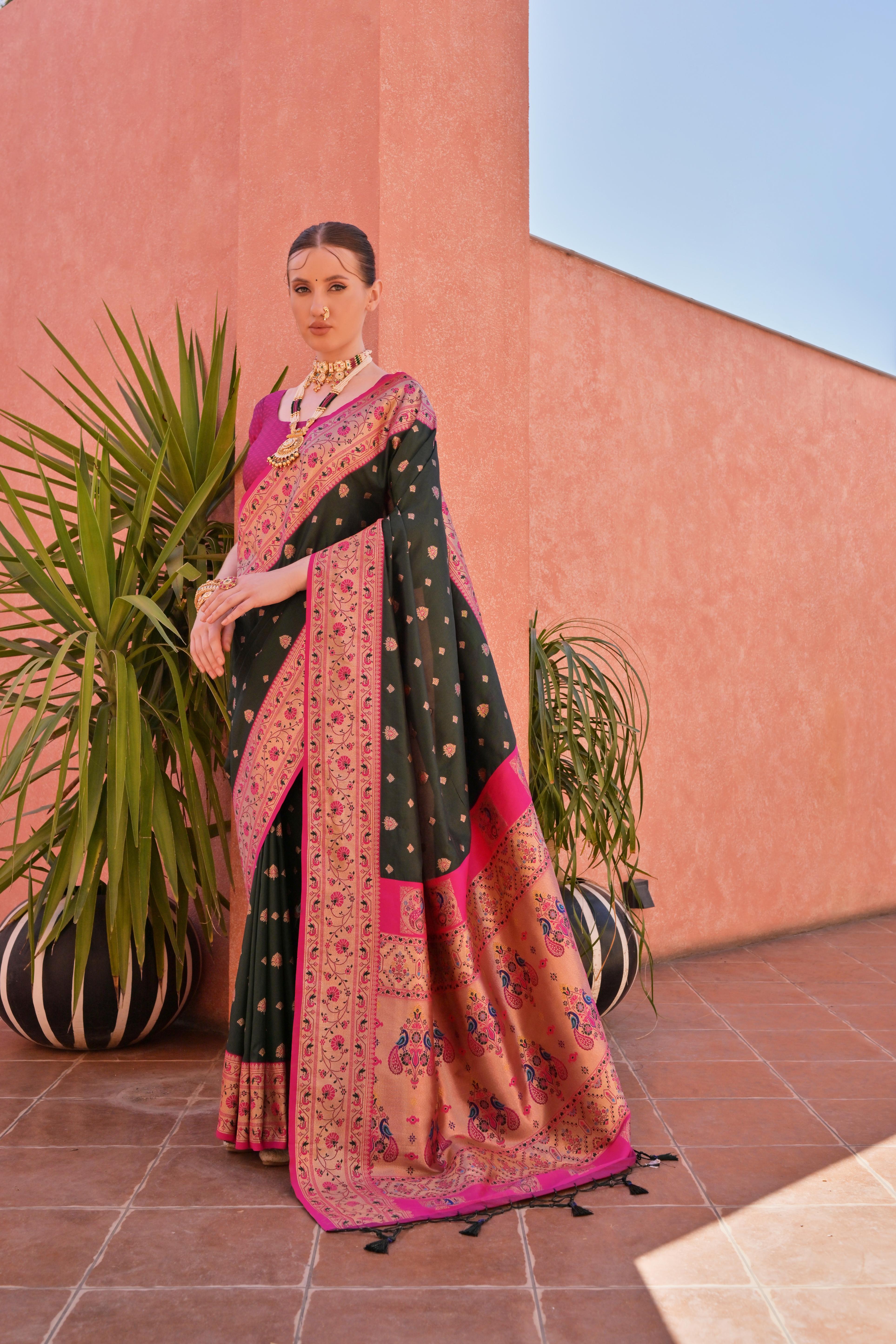 Bottle Green Paithani Silk Saree with Paithani Pallu and Zari Butti