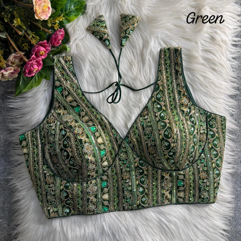 Bottle Green Royal Couture Heavy Neck Position Work Blouse Pure Crepe Embroidered & Sequined Partywear