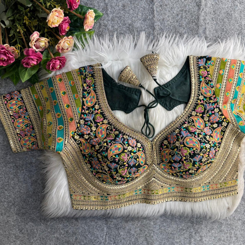 Bottle Green Sabyasachi Style Heavy Kashmiri Thread & Cording Work Fox Georgette Blouse for Women