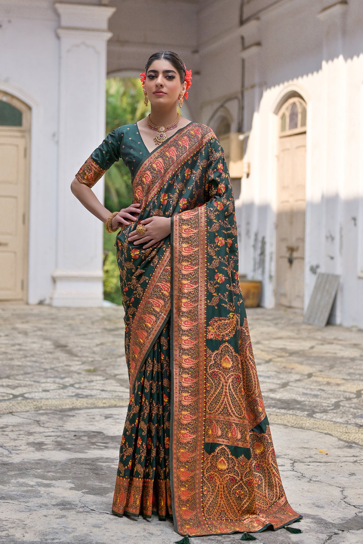 Bottle Green Silk Saree with Thread Jal and Floral Weaves