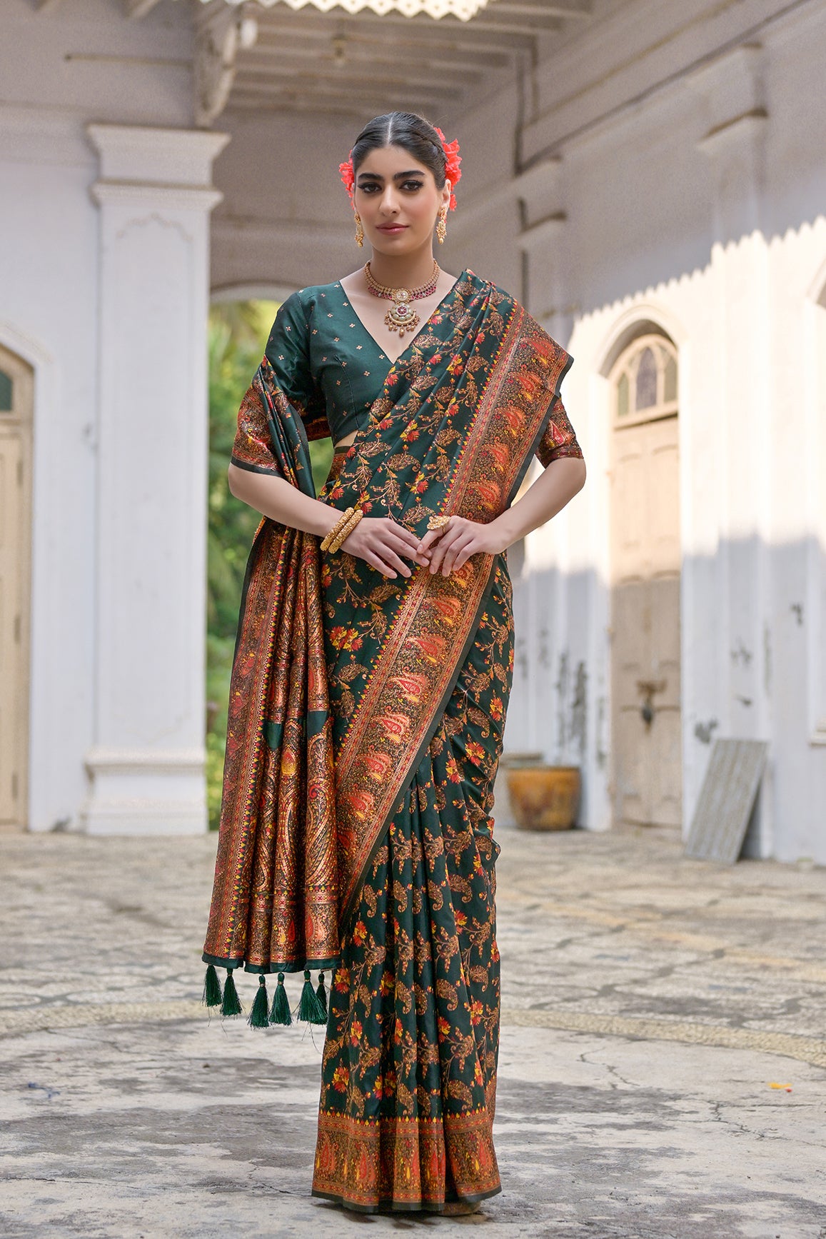 Bottle Green Silk Saree with Thread Jal and Floral Weaves