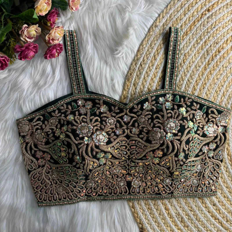 Bottle Green Womens Spaghetti Western Designer Blouse Fox Georgette Embroidered & Sequins Partywear