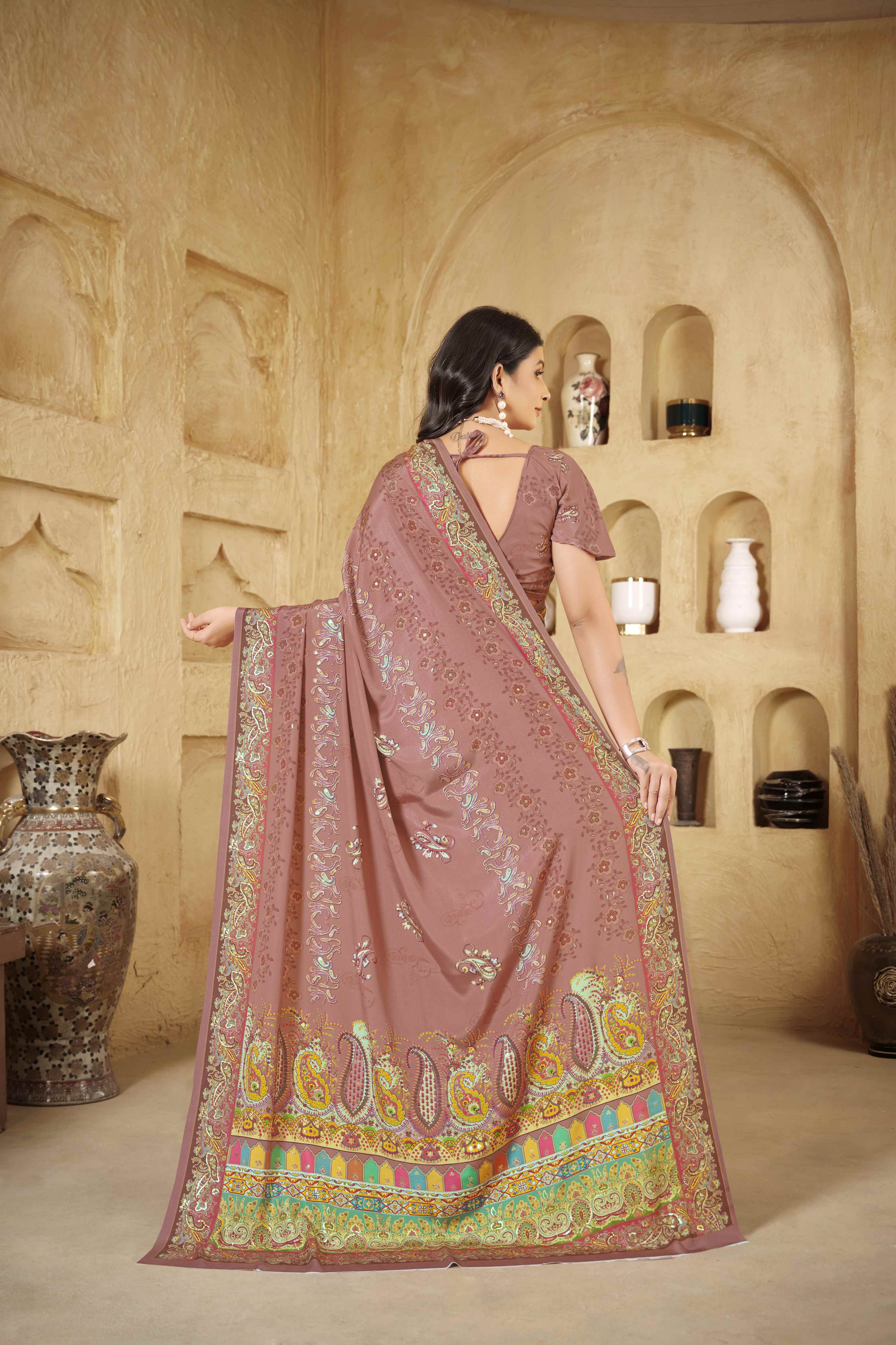 Brick Pink Beautiful Designer Position Digital Foil Printed Crepe Silk Designer Partywear Saree