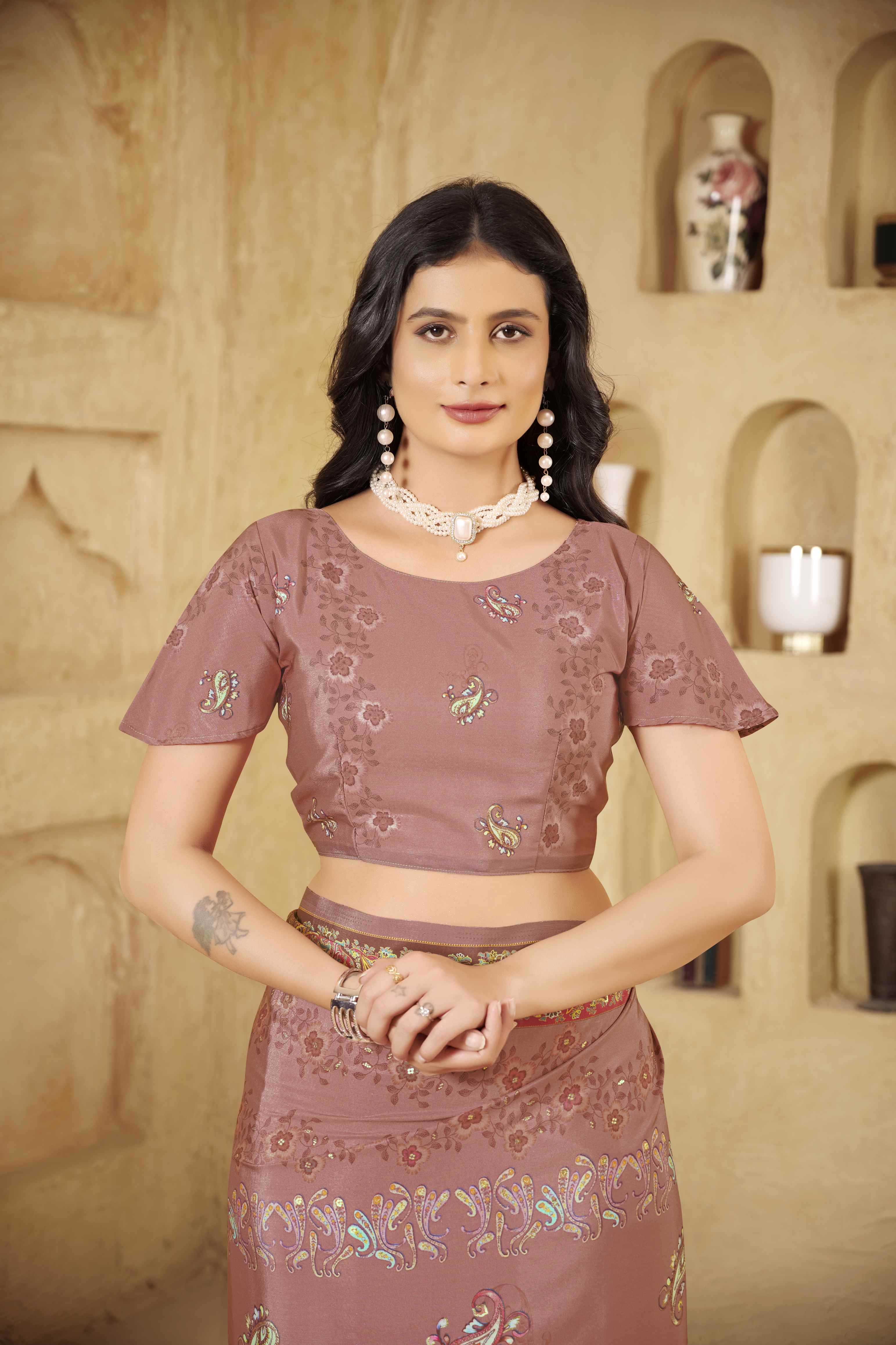 Brick Pink Beautiful Designer Position Digital Foil Printed Crepe Silk Designer Partywear Saree