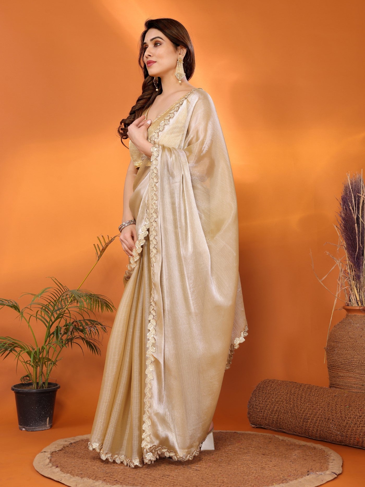 Bronze Jimmy Choo Fabric Saree With Plain Saree With Embroidery Sequence Work Cut Work Lace