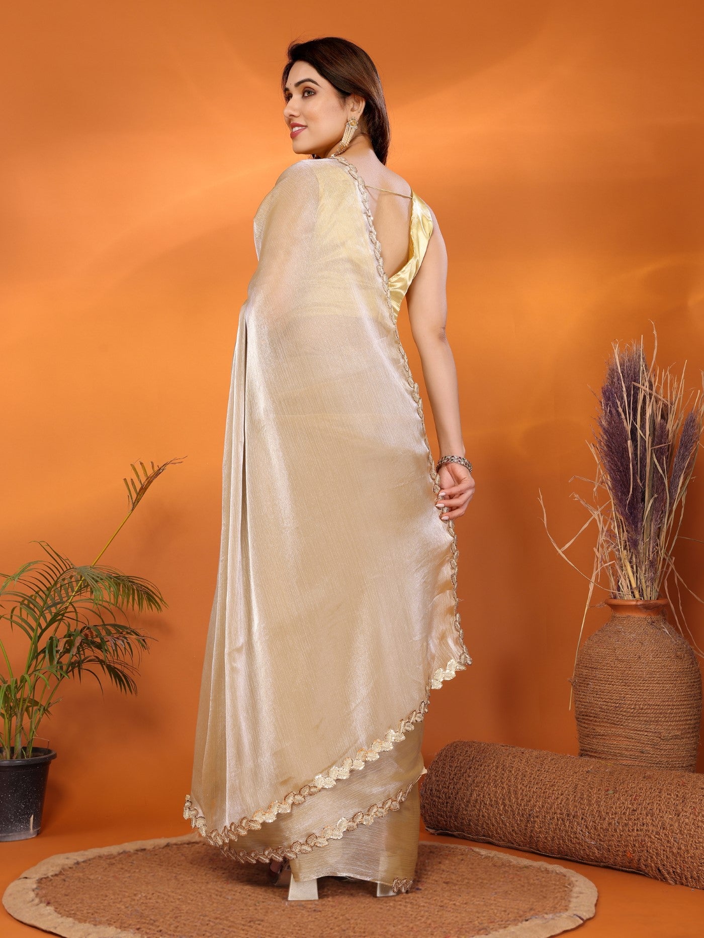 Bronze Jimmy Choo Fabric Saree With Plain Saree With Embroidery Sequence Work Cut Work Lace
