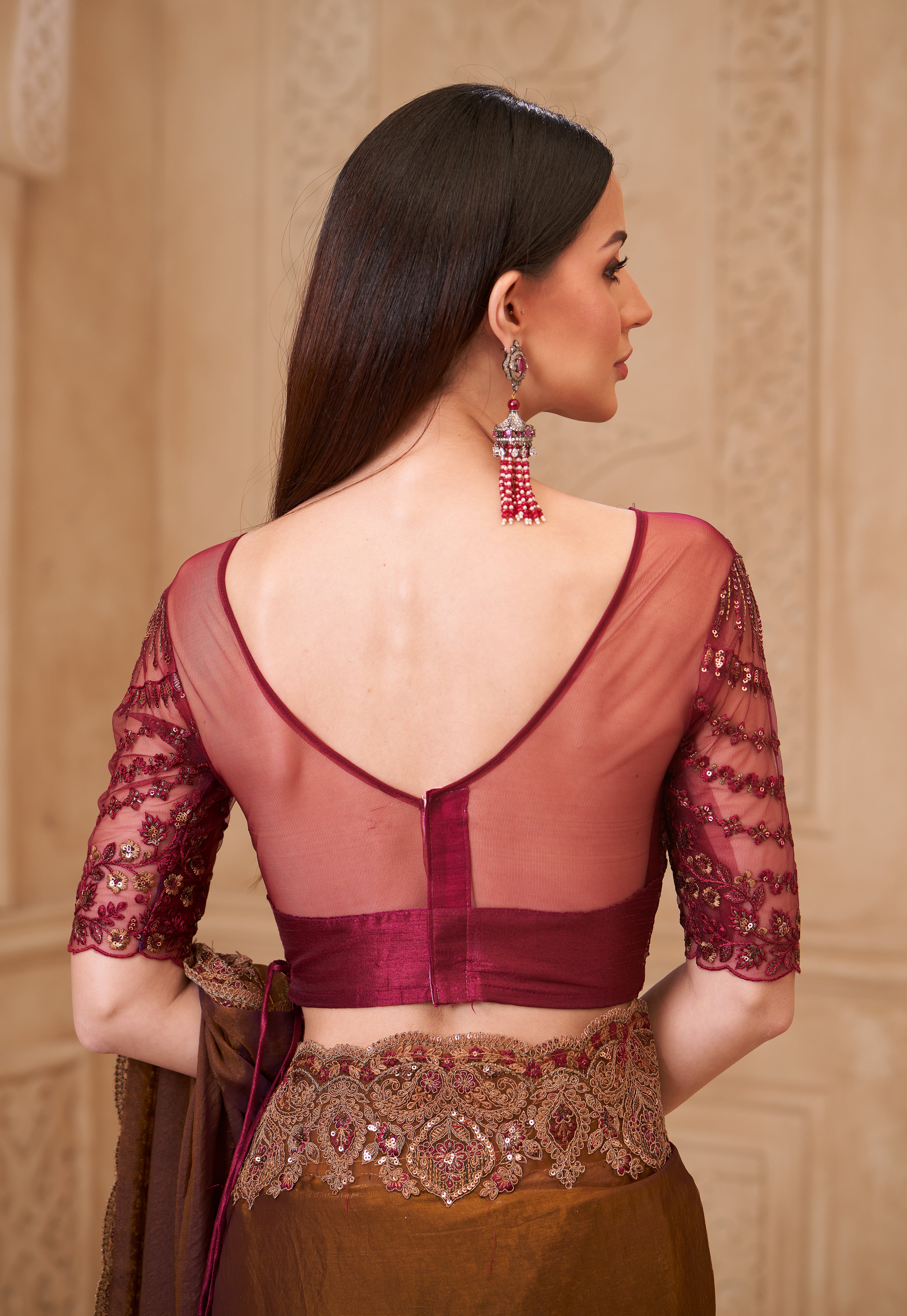 Bronze Saree With Heavy Thread Embroidery Sequins Border Work With Embroidery Blouse