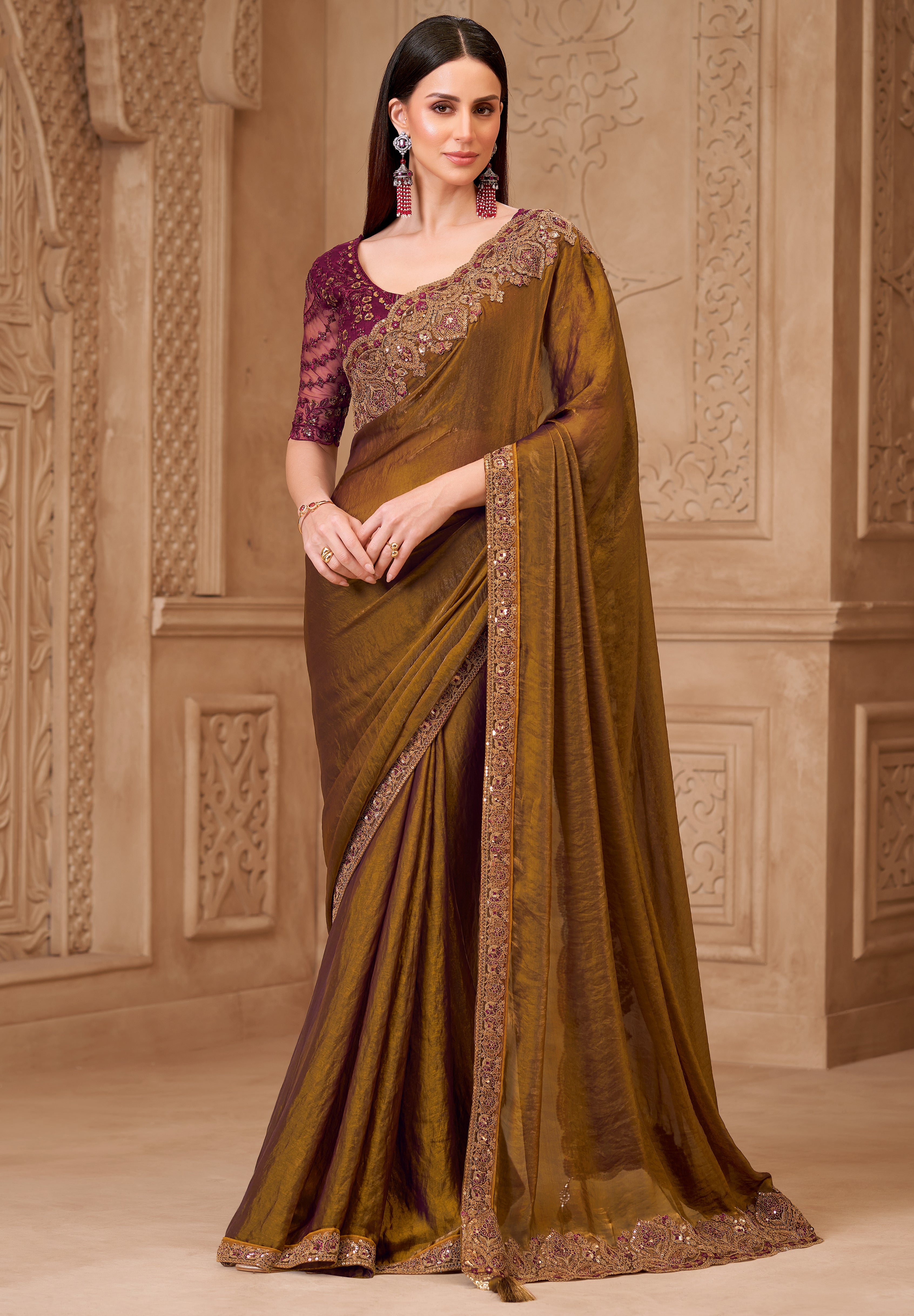 Bronze Saree With Heavy Thread Embroidery Sequins Border Work With Embroidery Blouse