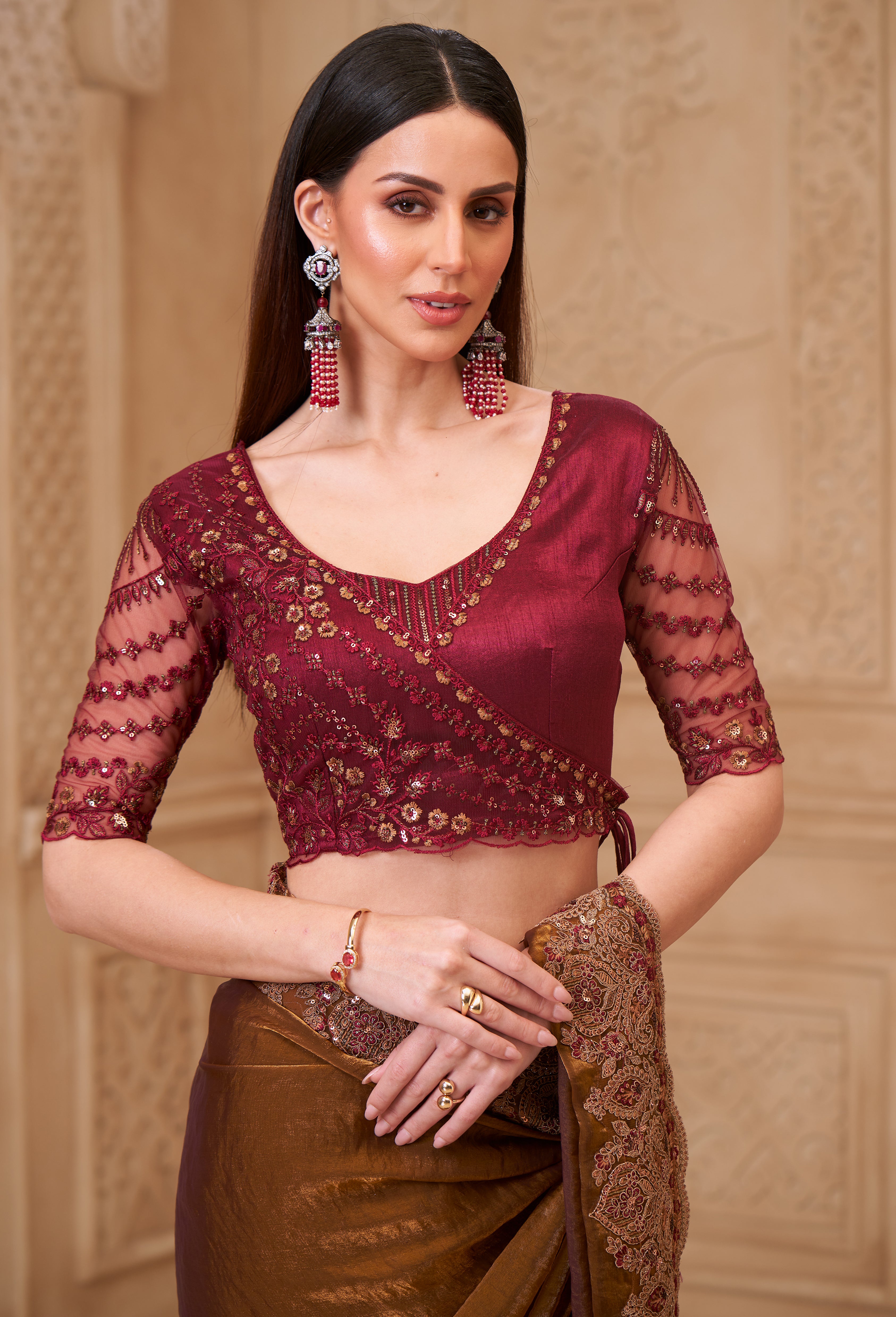 Bronze Saree With Heavy Thread Embroidery Sequins Border Work With Embroidery Blouse