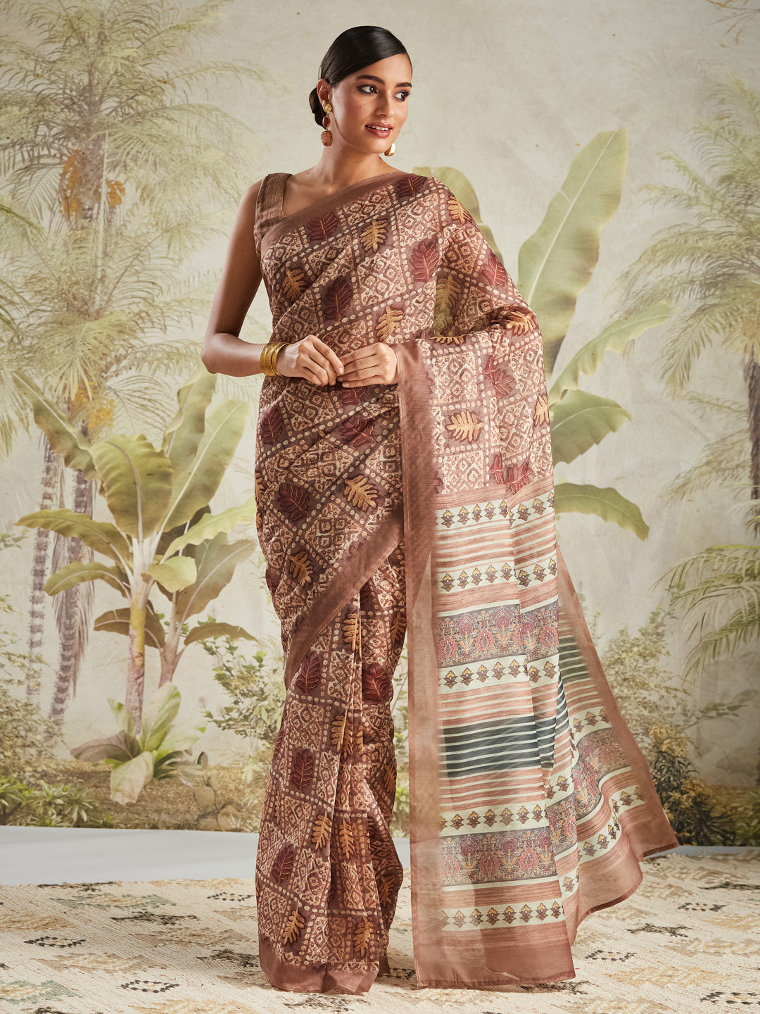 Brown Chanderi Cotton Festive Wear Saree With Smart Digital Print