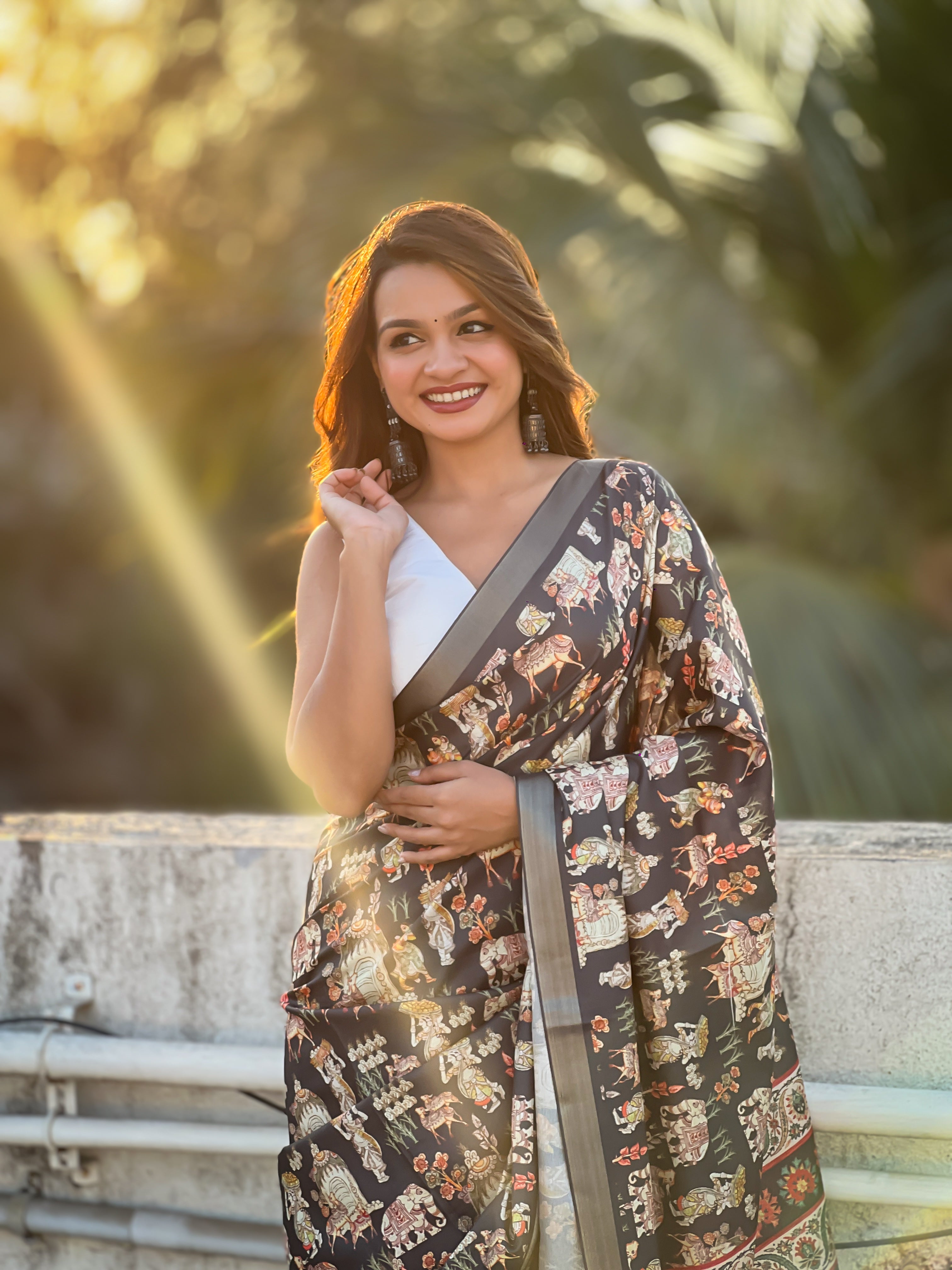 Brown Classic Tussar Silk Saree With Woven And Designer Print Work