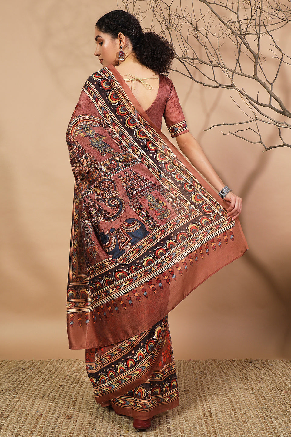 Brown Cotton Silk Designer Digital Printed Ethnic Ceremonial Saree