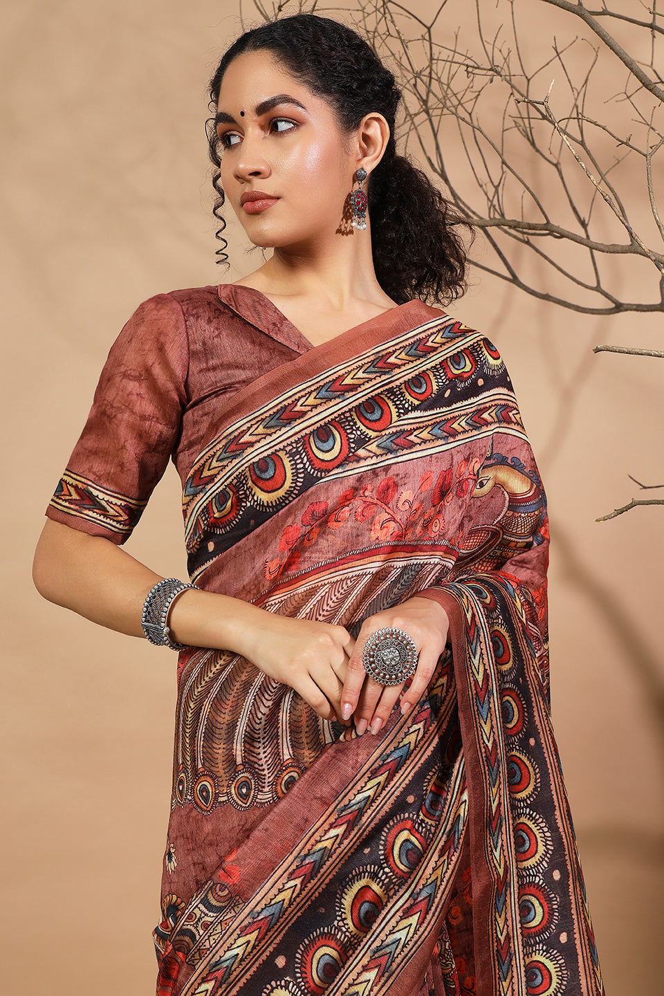 Brown Cotton Silk Designer Digital Printed Ethnic Ceremonial Saree