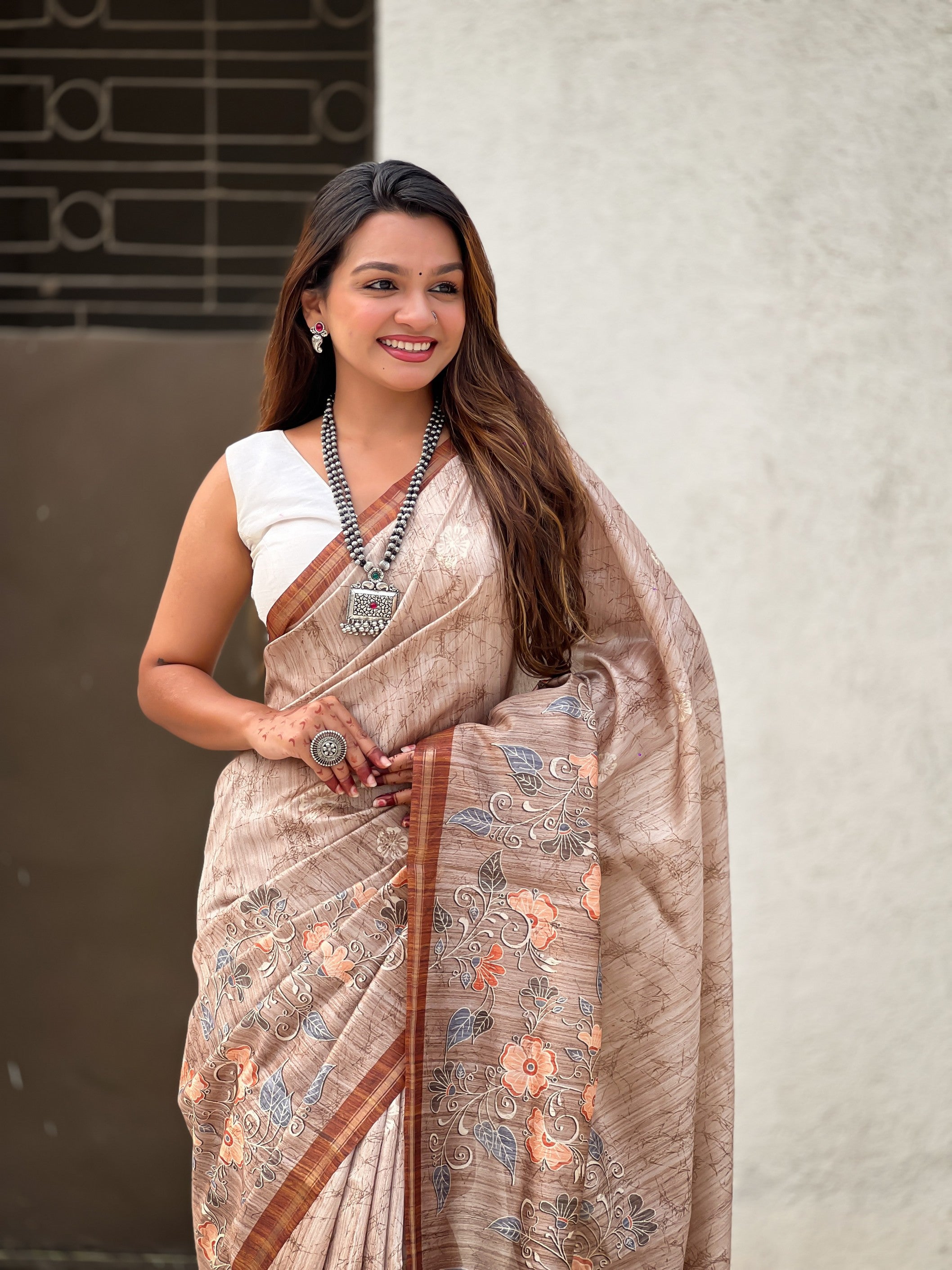 Brown Ethnic Katki Silk Woven Designer And Floral Printed Saree