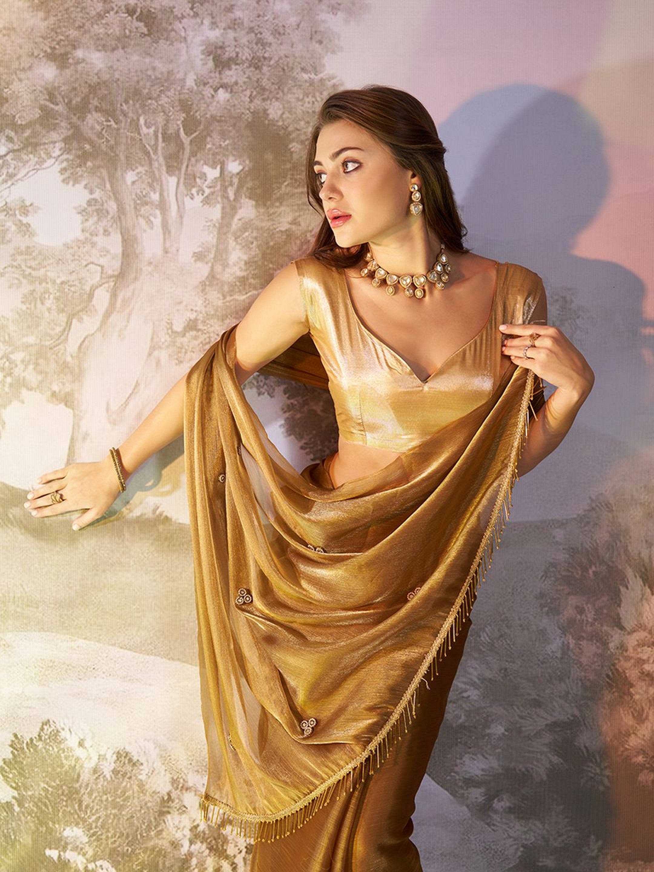 Brown Glamorous Bollywood Style Solid Fancy Designer Burberry Organza Saree