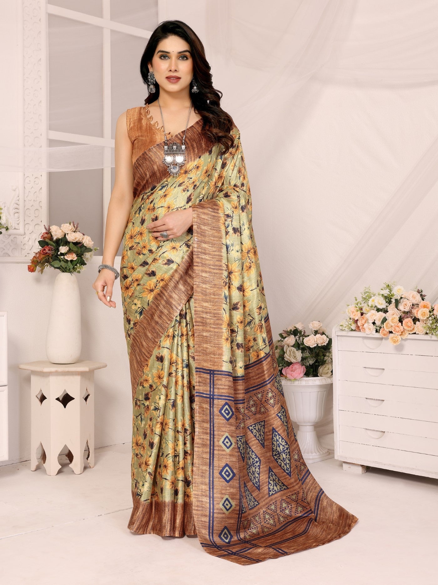 Brown Khadi Saree With Printed