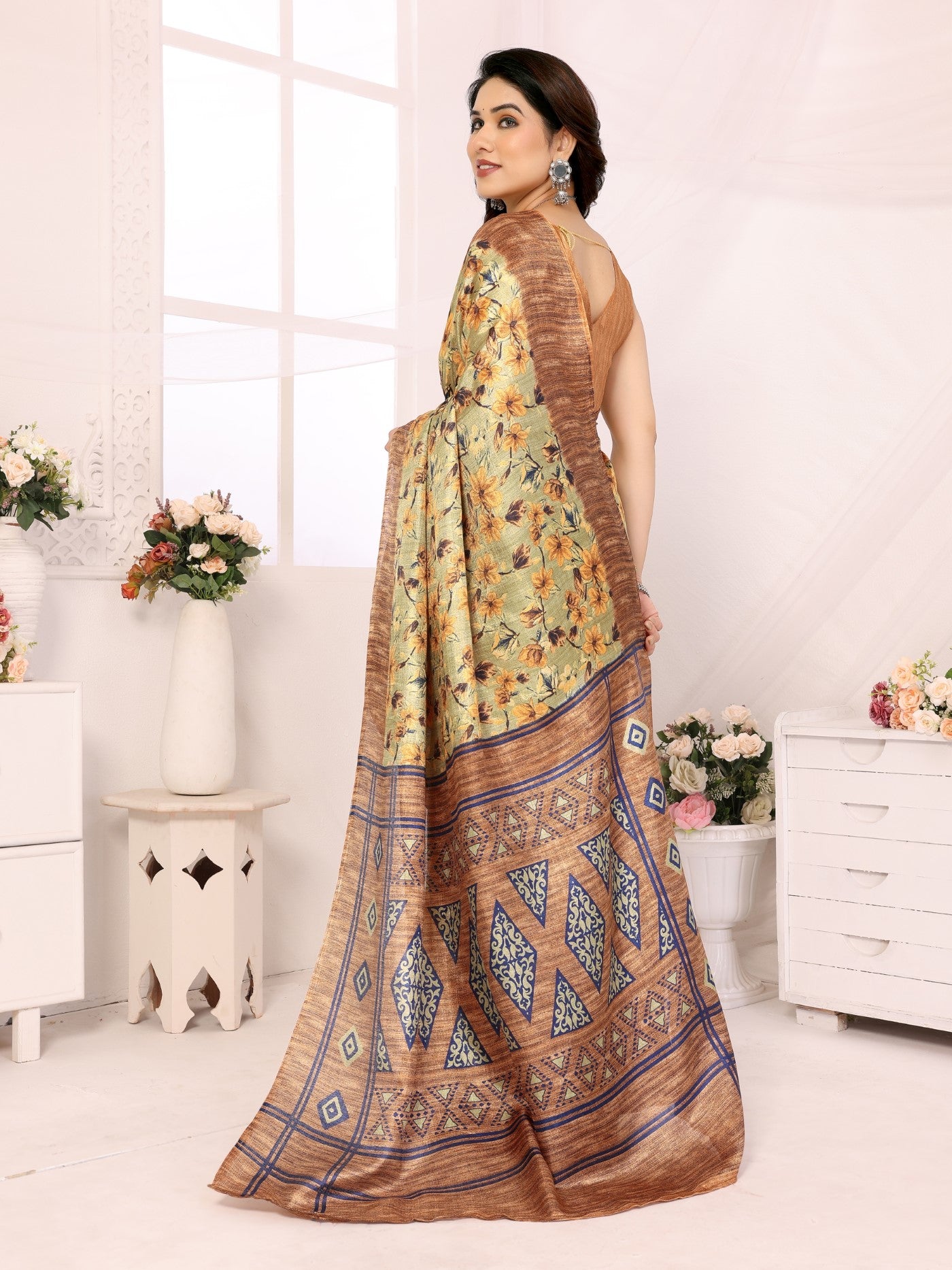 Brown Khadi Saree With Printed