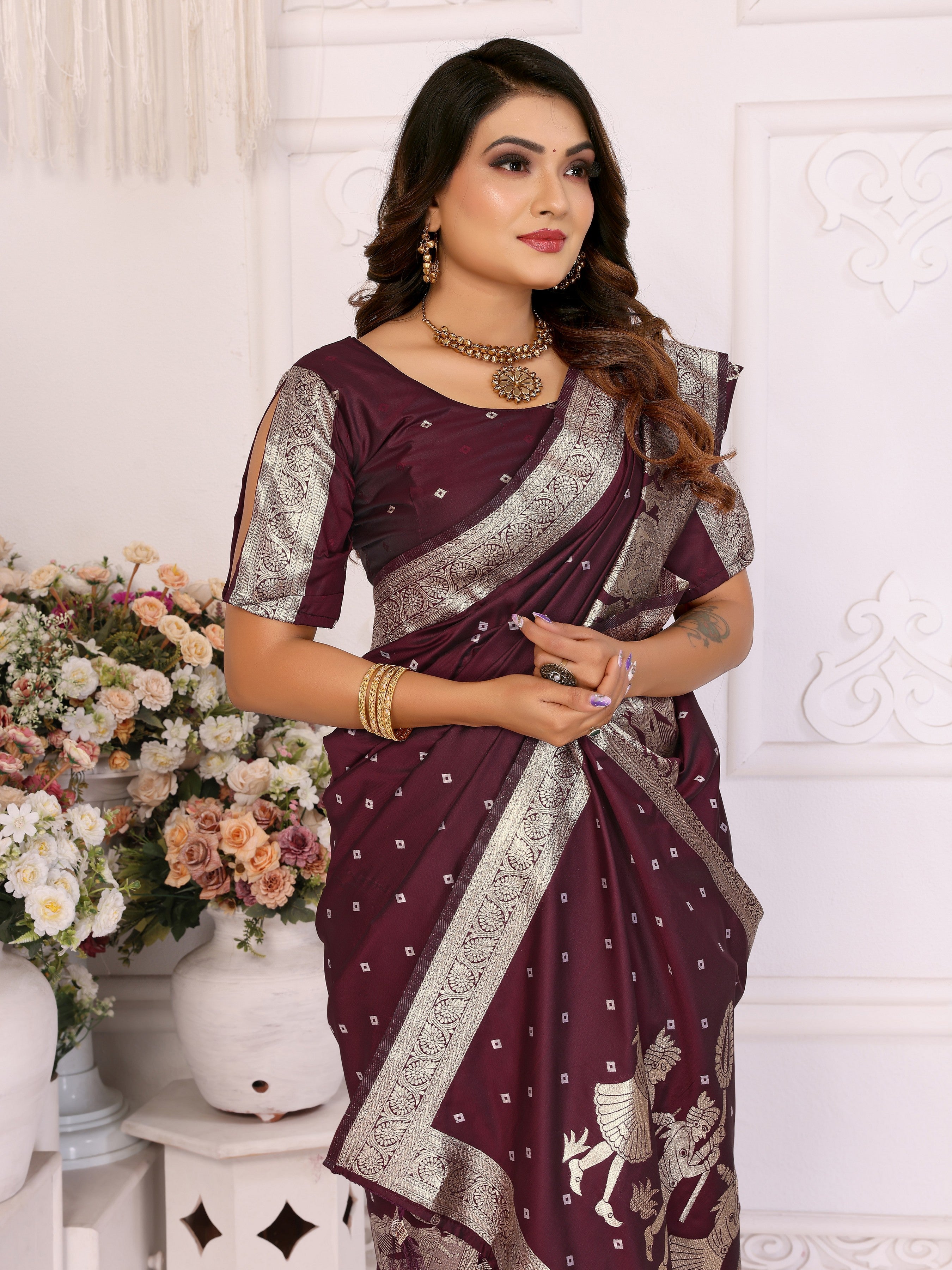 Brown Kochi Silk Ethnic Woven Jari Bandhej Designer Festive Saree