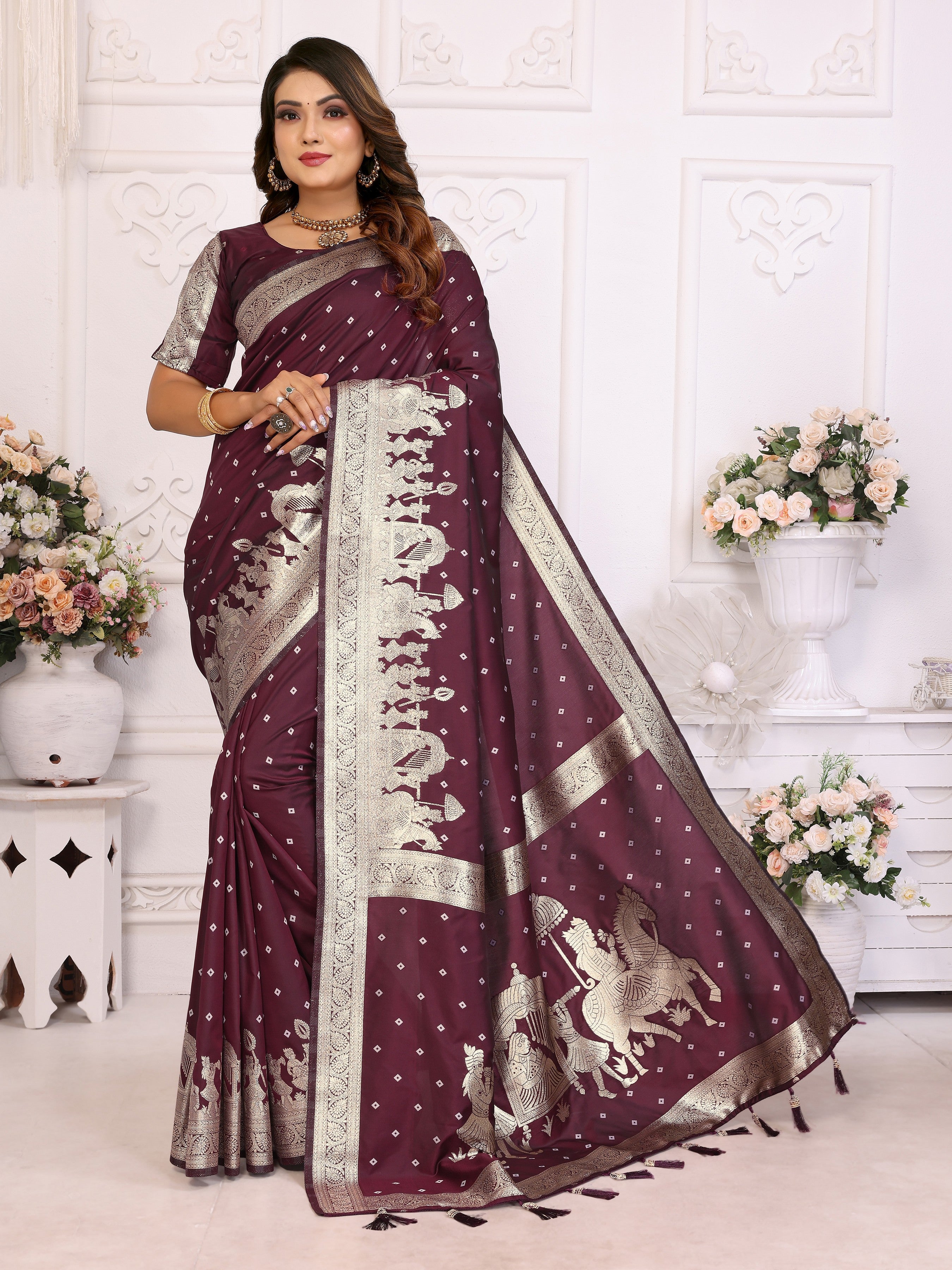Brown Kochi Silk Ethnic Woven Jari Bandhej Designer Festive Saree