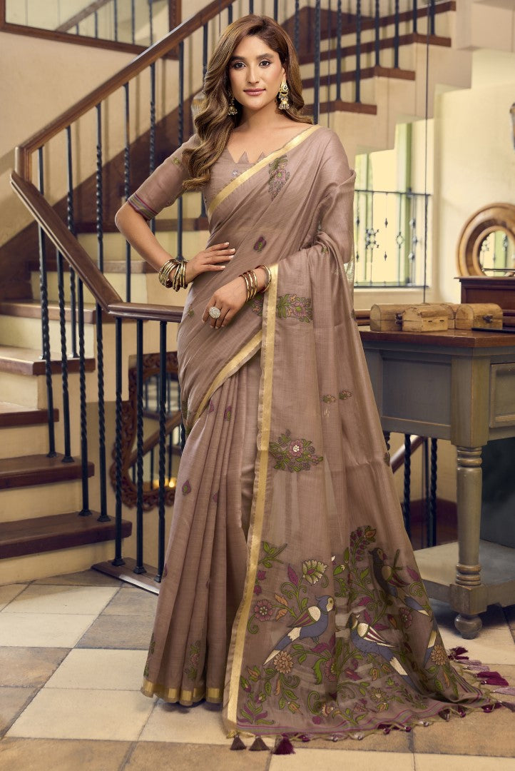 Brown Kolkata Cotton Saree with Designer Litchi Jari Work