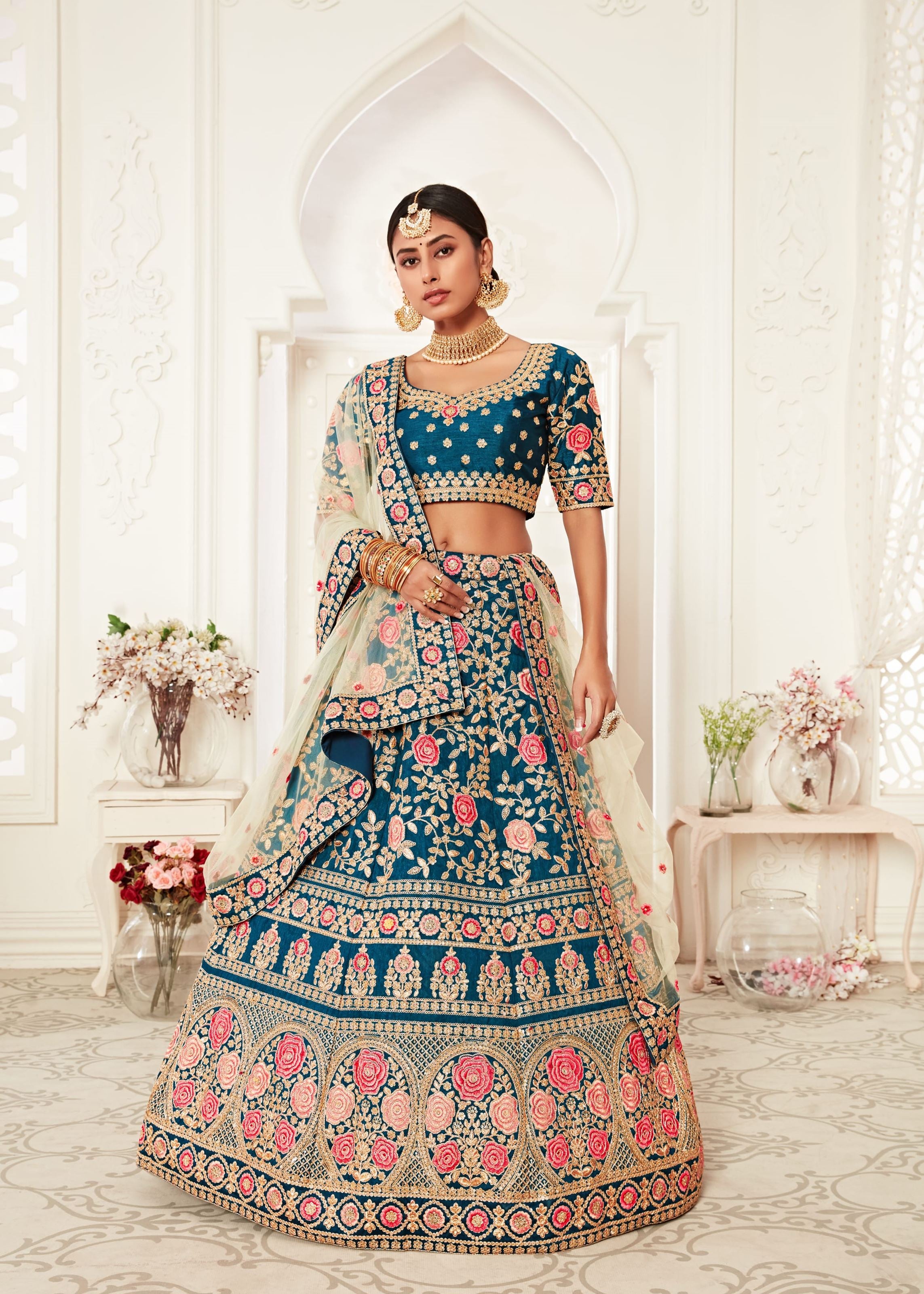 Blue Lehenga Choli With Thread, Zari, Dori And Sequins Embroidery Work