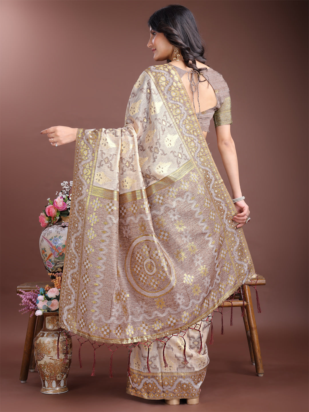 Brown Linen Cotton Woven Jacquard Designer Beautiful Traditional Saree