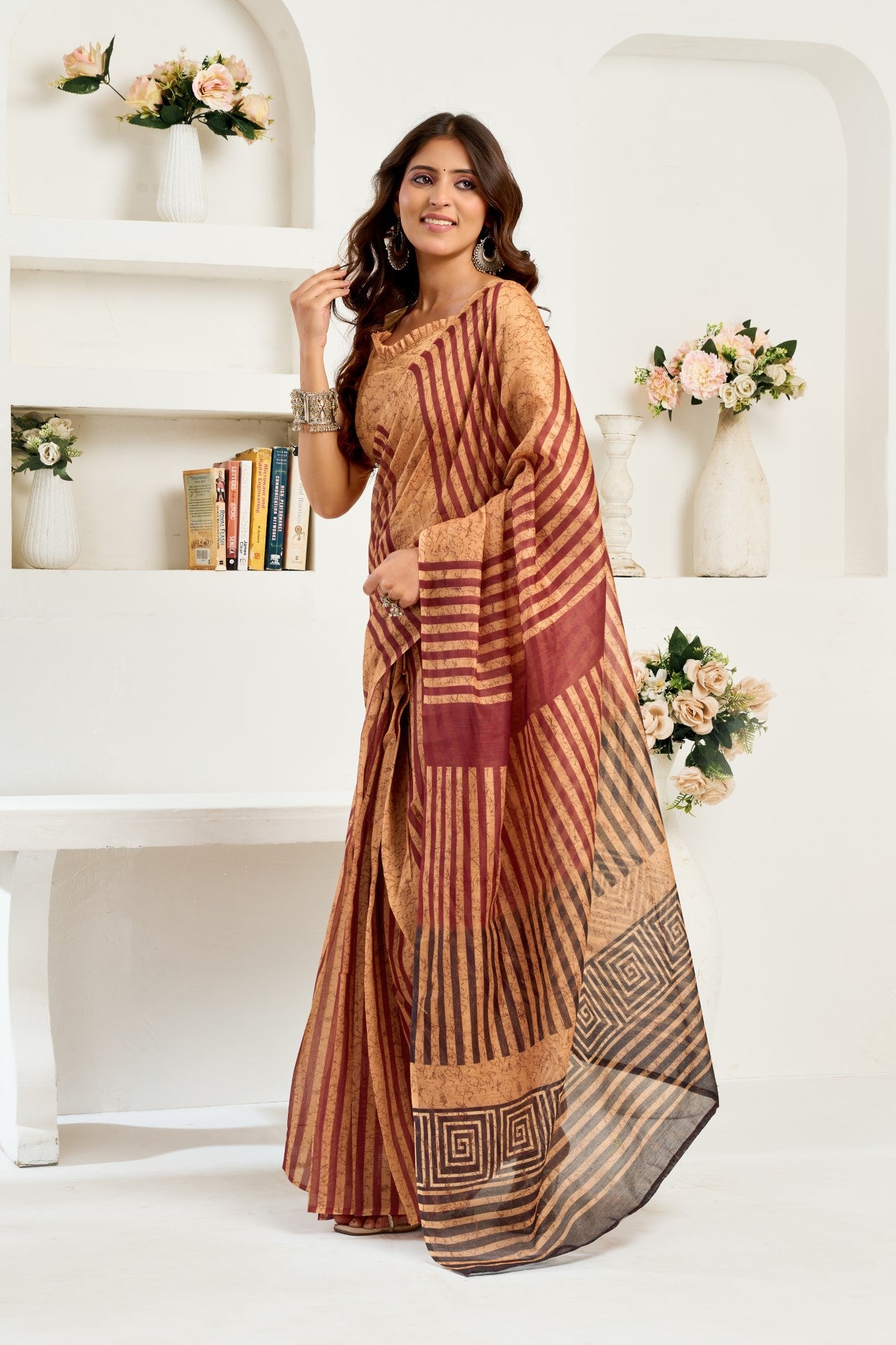 Brown Linen Ready To Wear Saree With Zari Border Printed