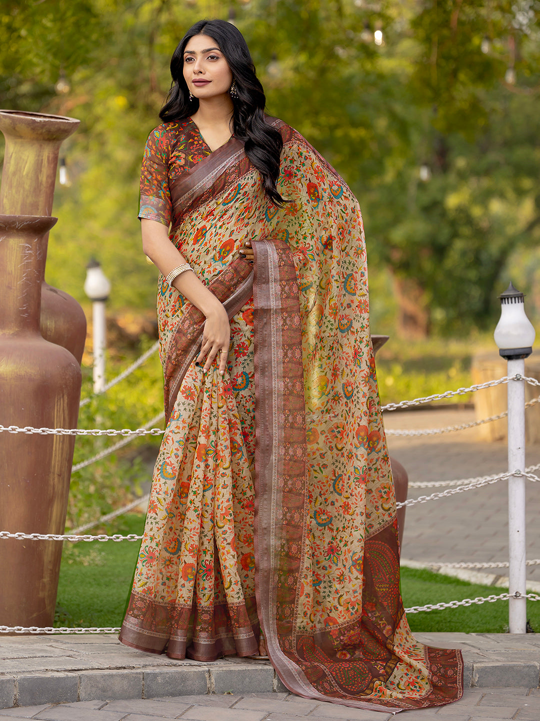 Brown Linen Traditional Printed Saree