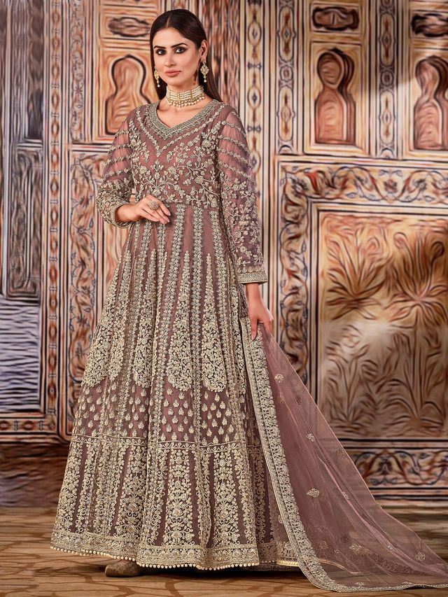 Brown Net Heavy Thread Embroidery And Zari Work Anarkali Suits