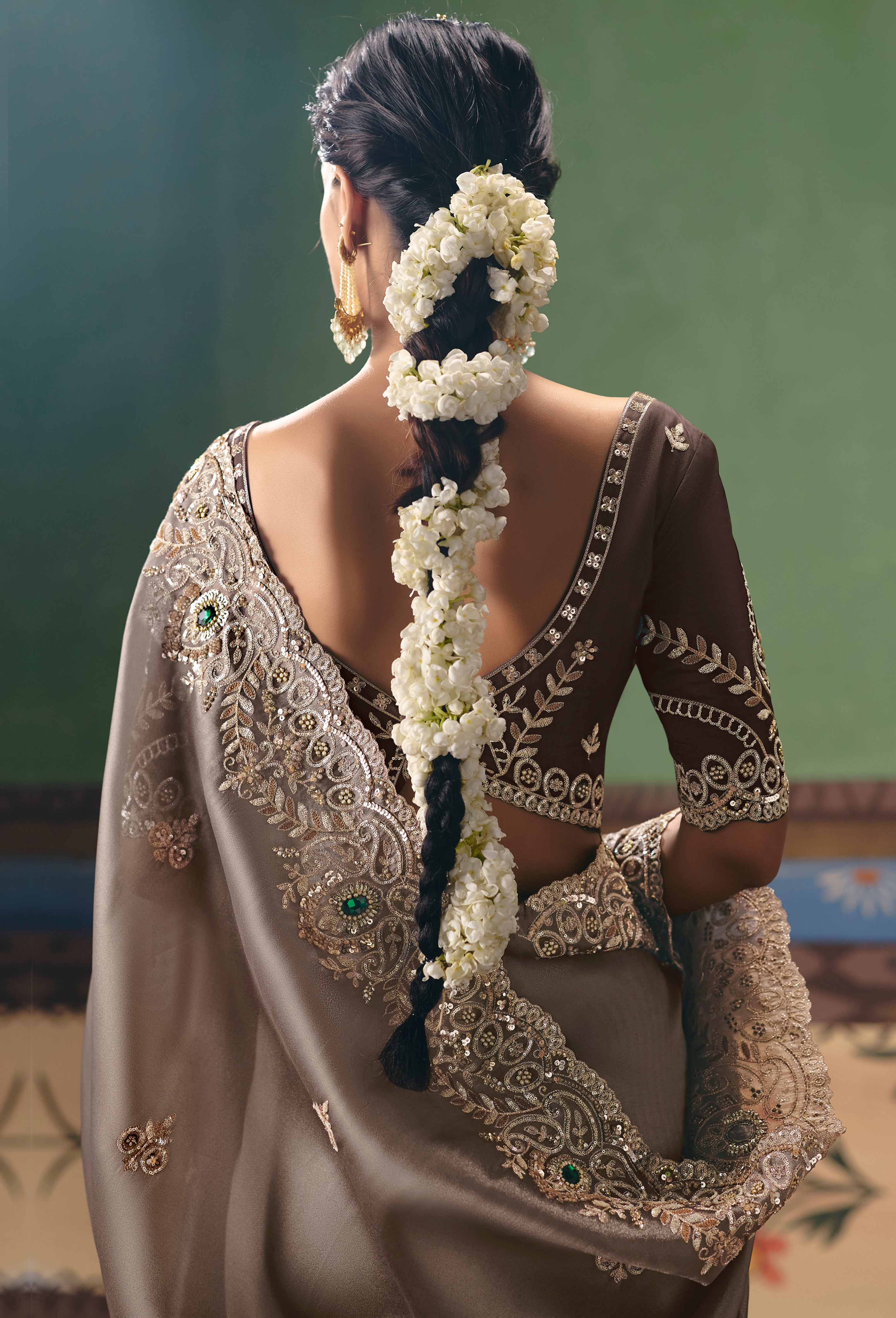 Brown Saree With Heavy Designer Embroidery, Sequince, Stone, Pearl With Beads Work