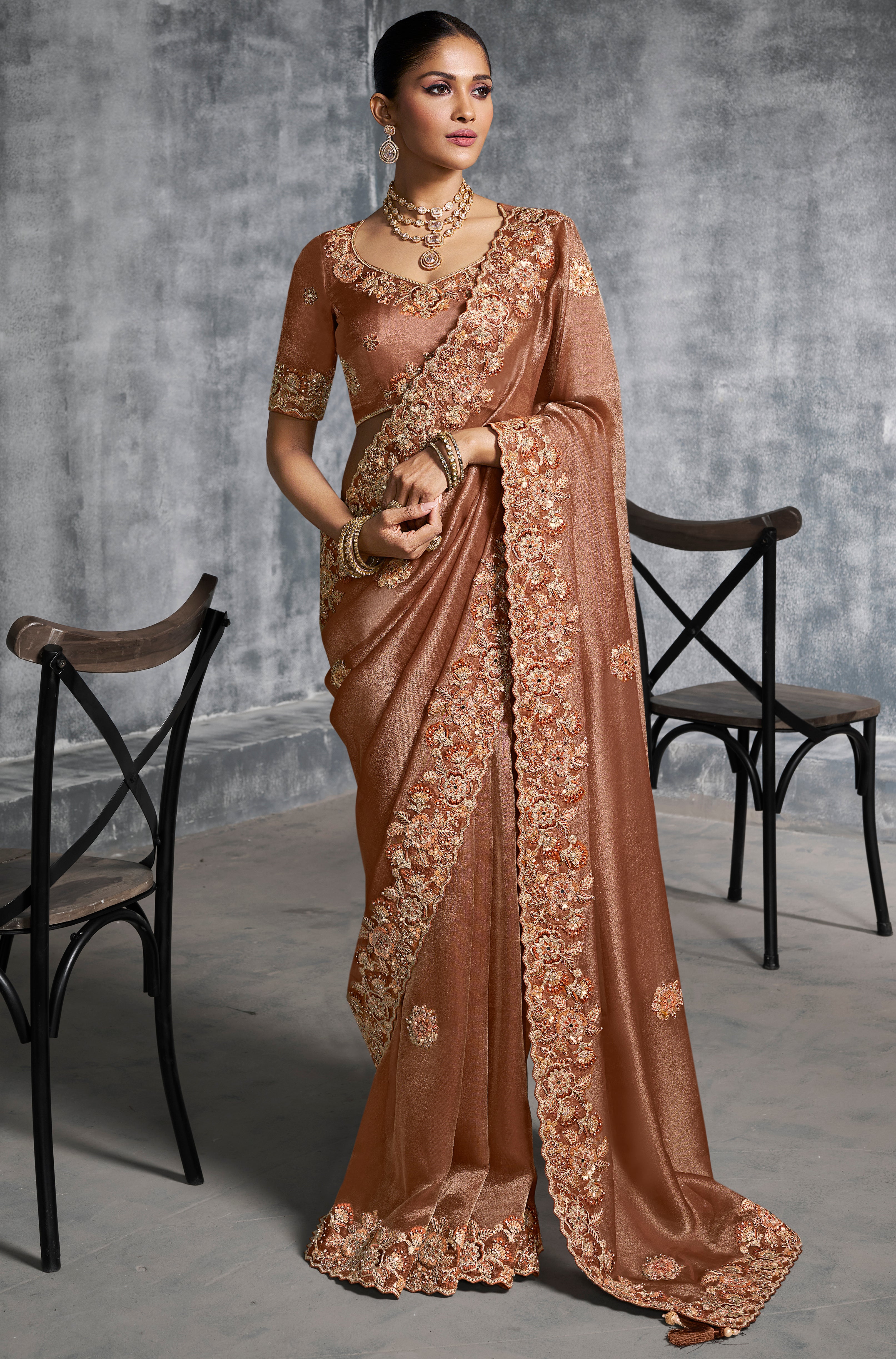 Brown Saree With Thread Embroidery Work ,Hand-Finished Stone & Mirror work With Embroidery Blouse