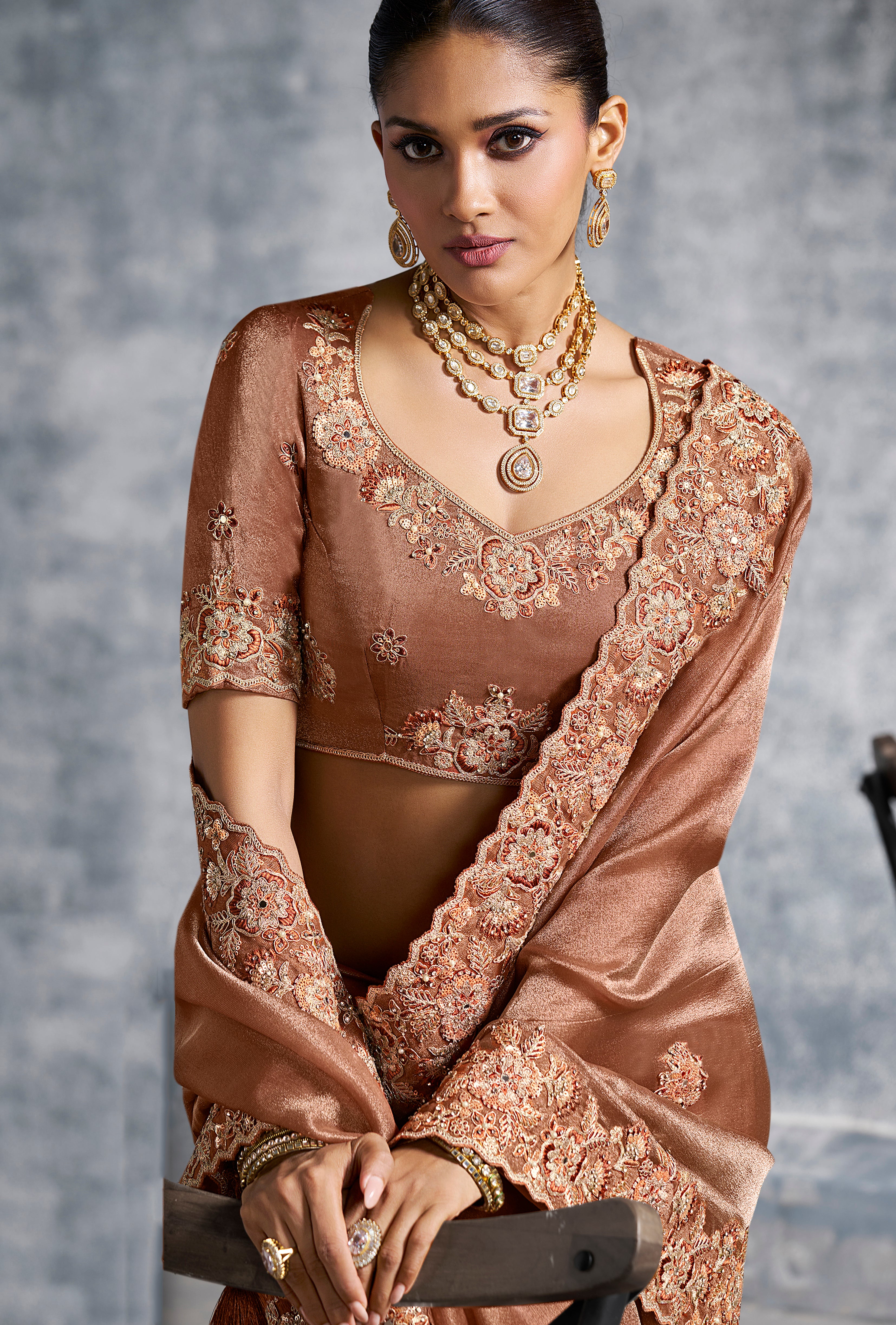 Brown Saree With Thread Embroidery Work ,Hand-Finished Stone & Mirror work With Embroidery Blouse