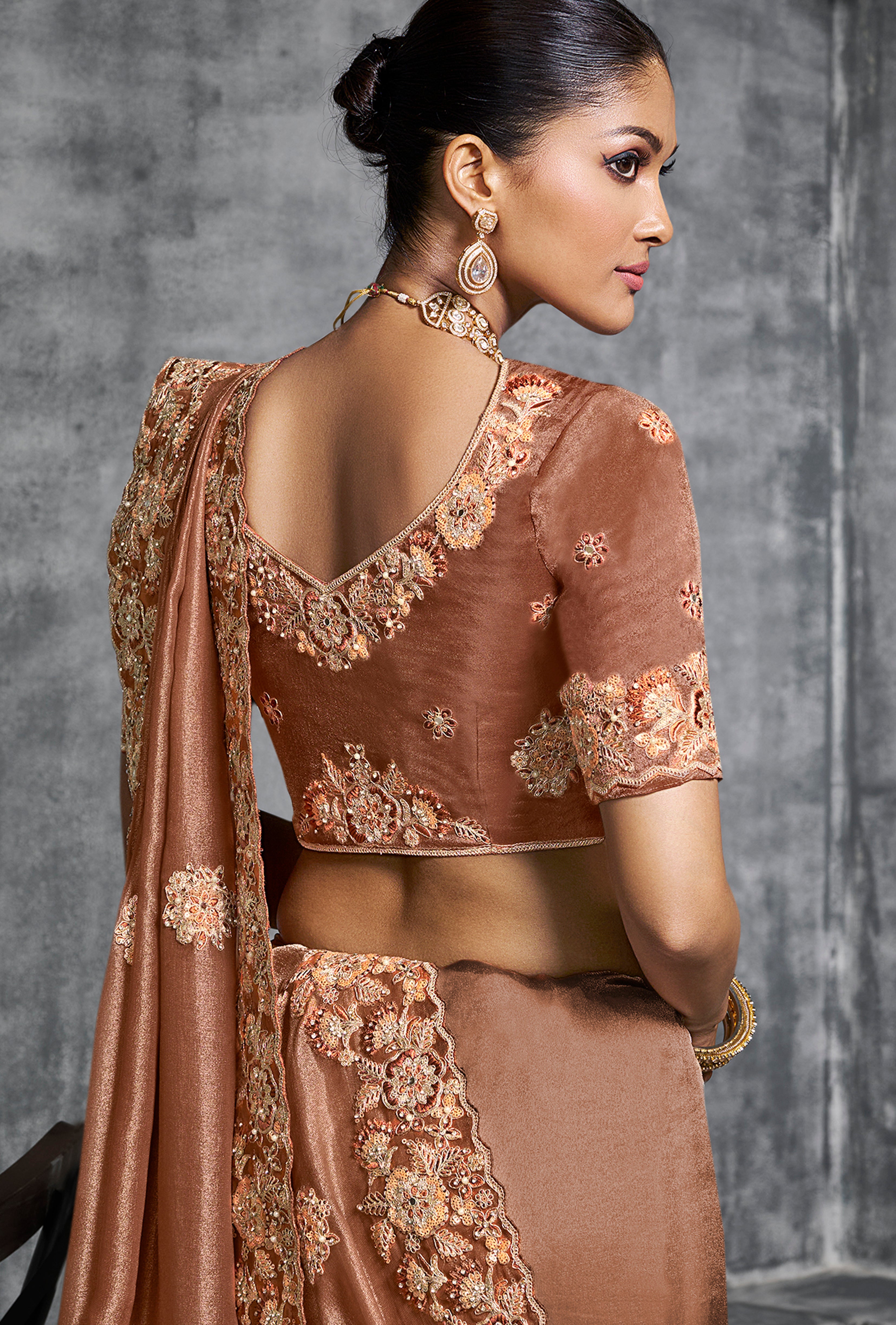 Brown Saree With Thread Embroidery Work ,Hand-Finished Stone & Mirror work With Embroidery Blouse