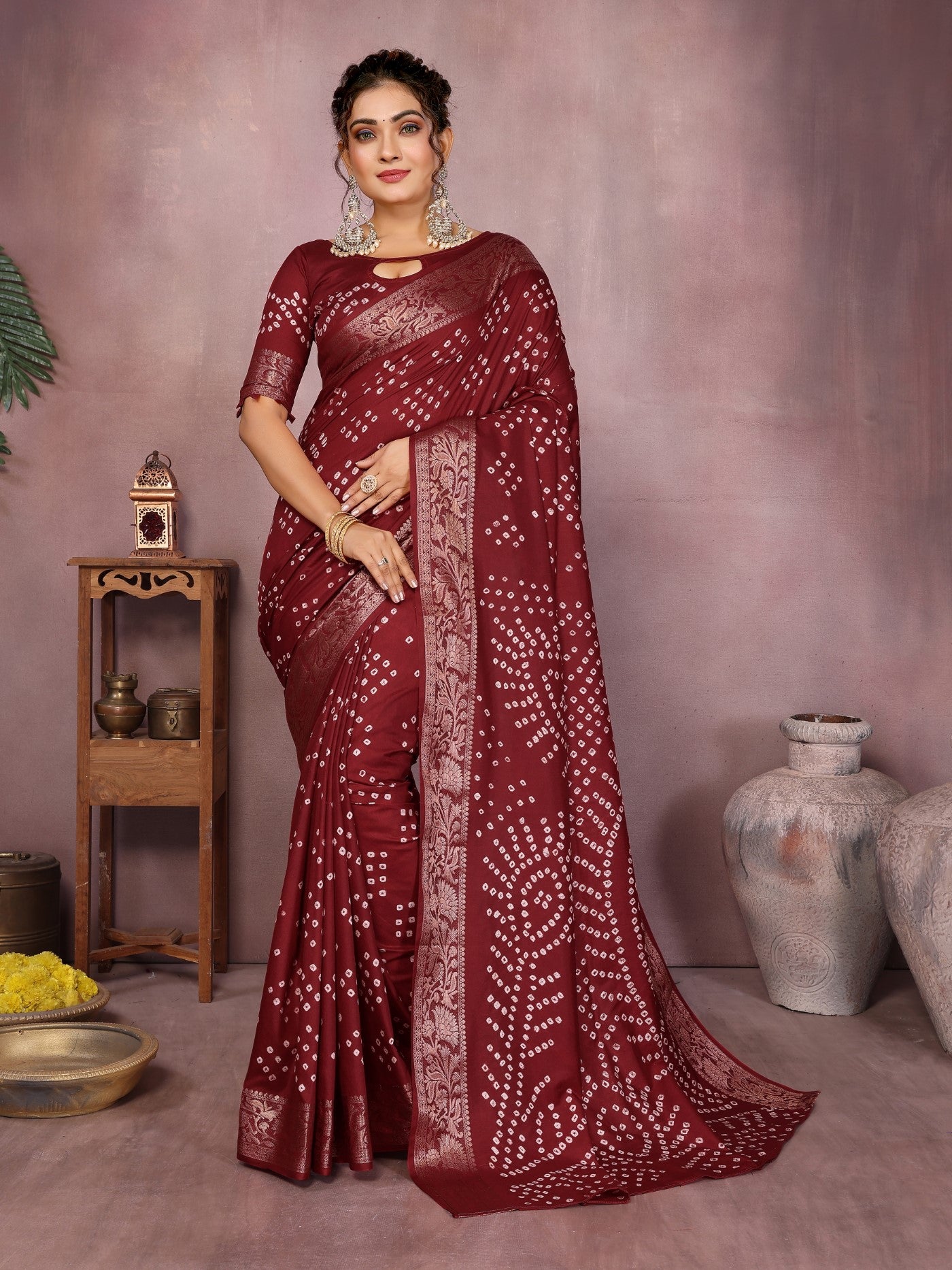 Brown Silk Saree With Bandhej And Premium Zari Weaving