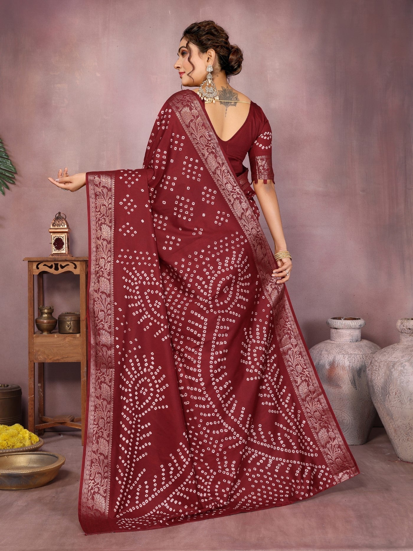 Brown Silk Saree With Bandhej And Premium Zari Weaving