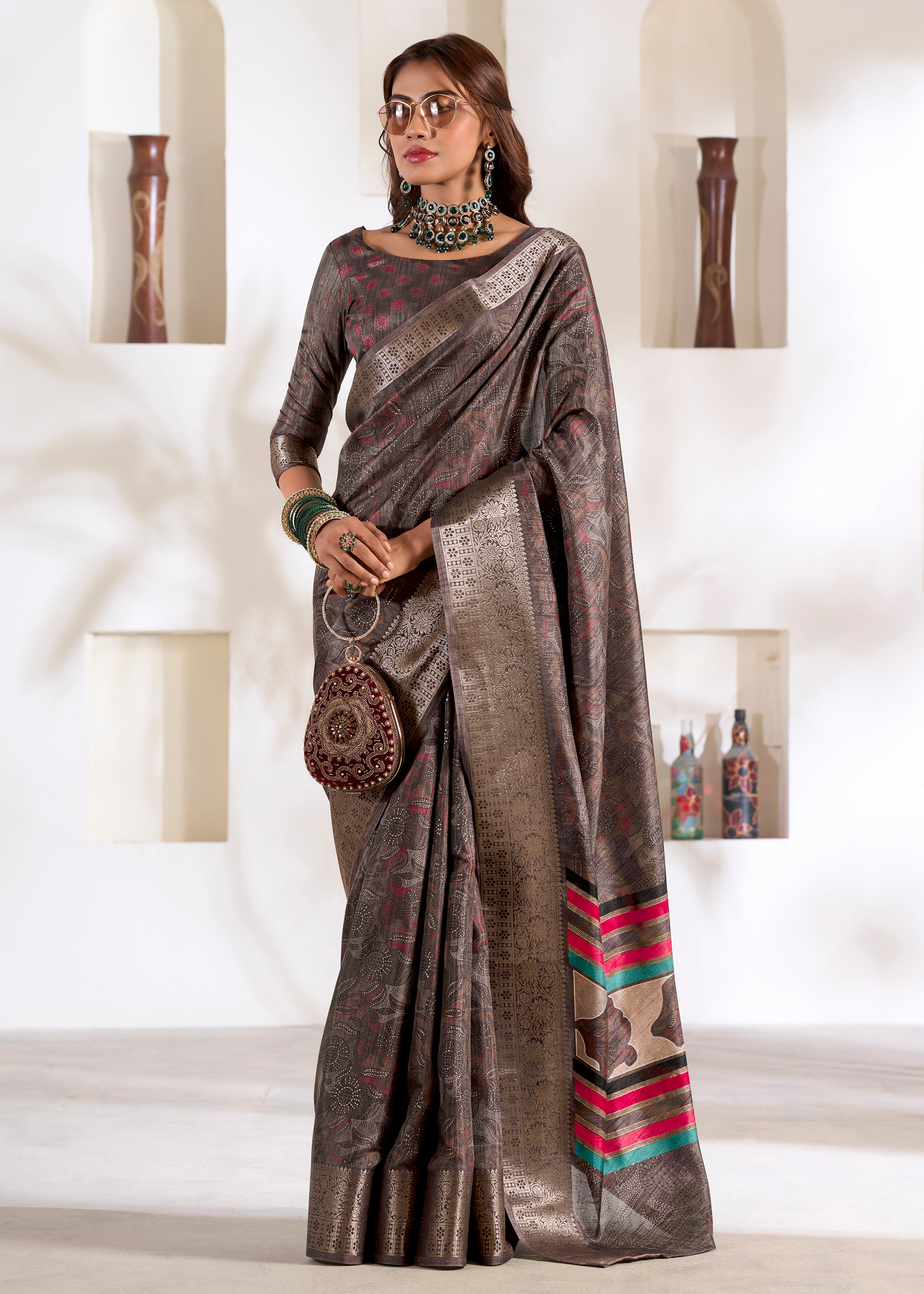 Brown Soft Dola Silk Saree With Foil Print With Jacquard Woven Work