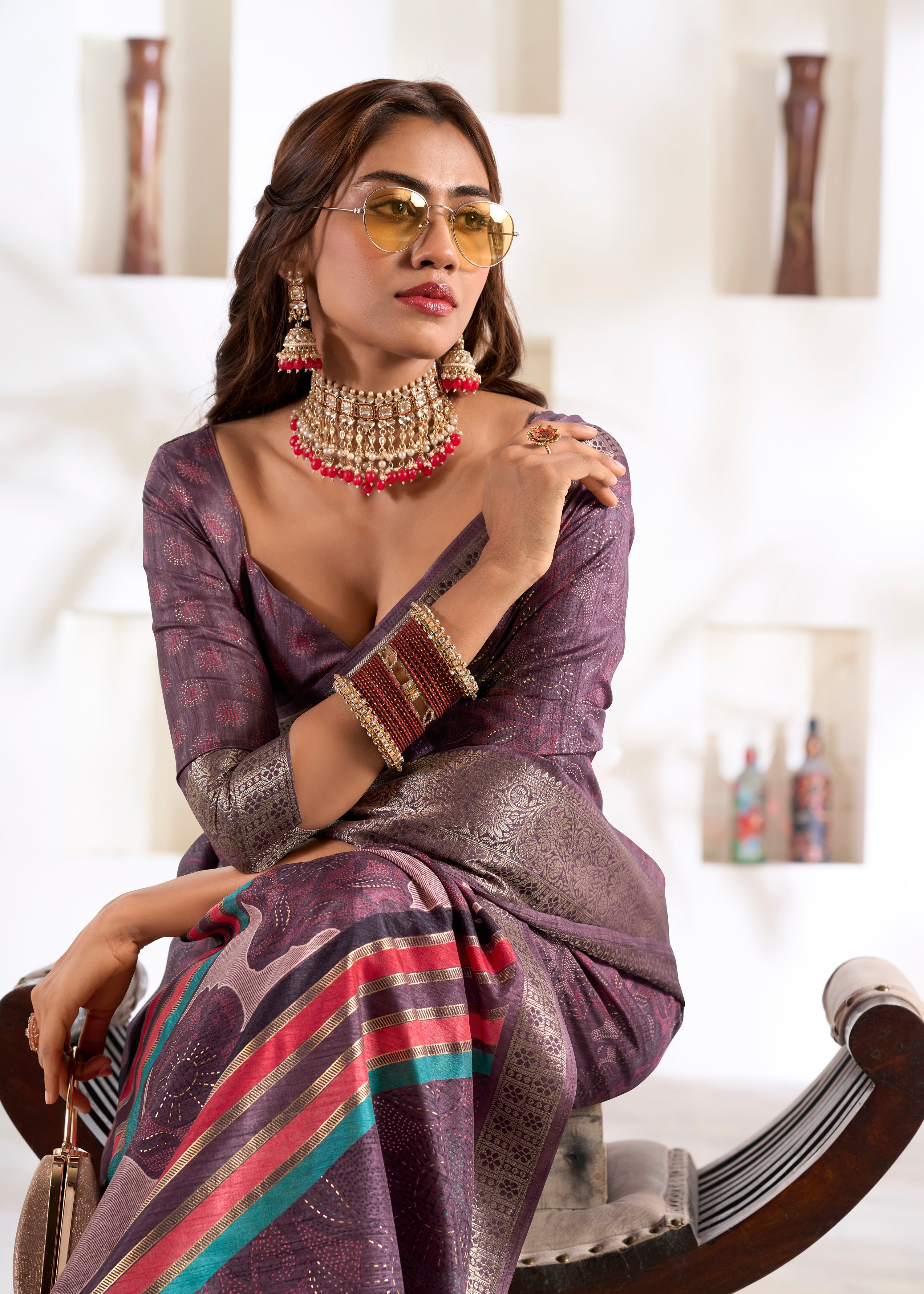 Brown Soft Dola Silk Saree With Foil Print With Jacquard Woven Work