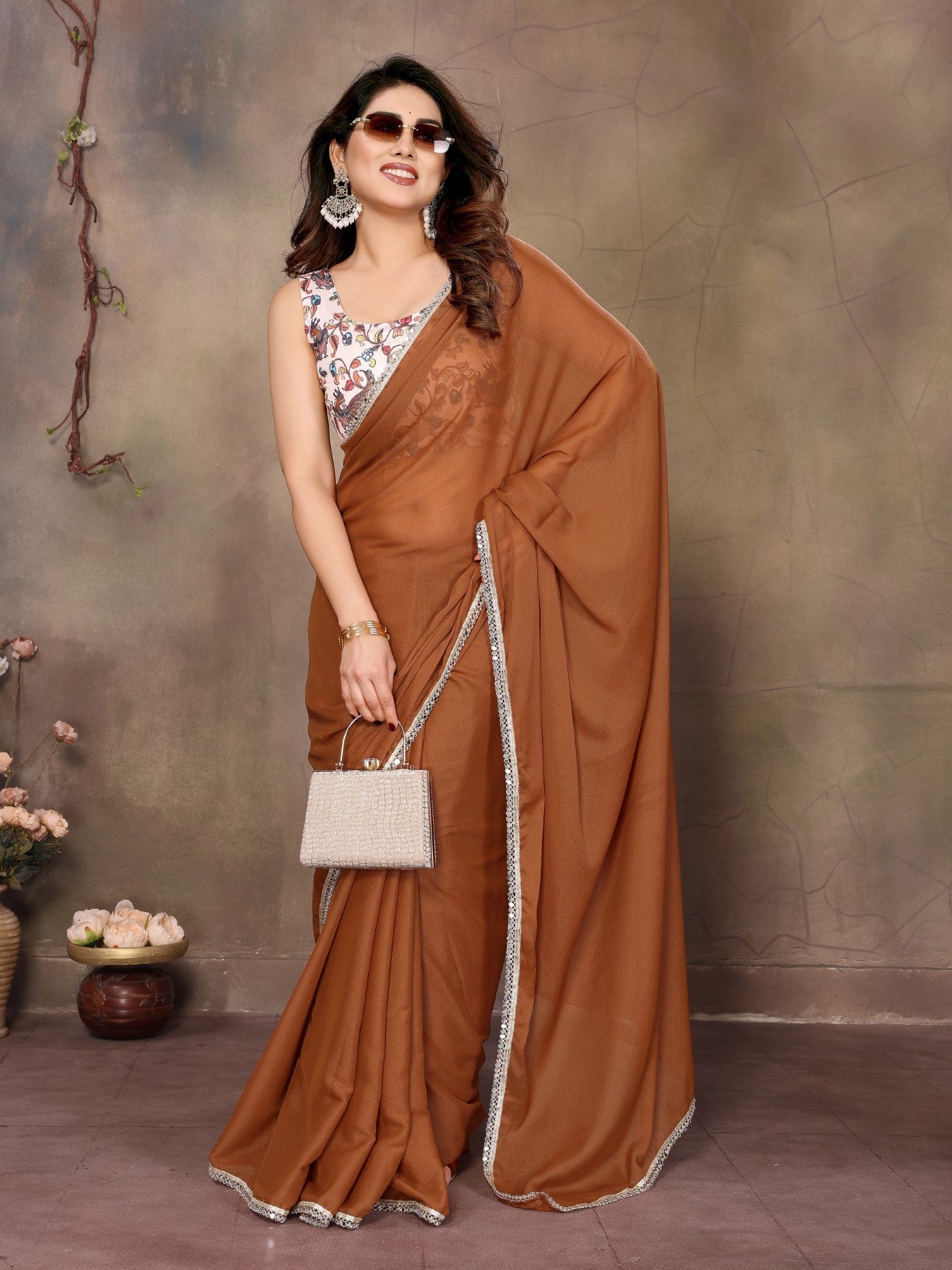 Brown Star Georgette Saree With Mirror Border Design
