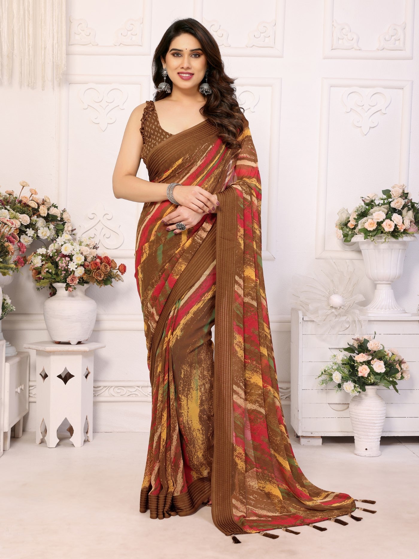 Brown Weightless Patta Saree With Printed
