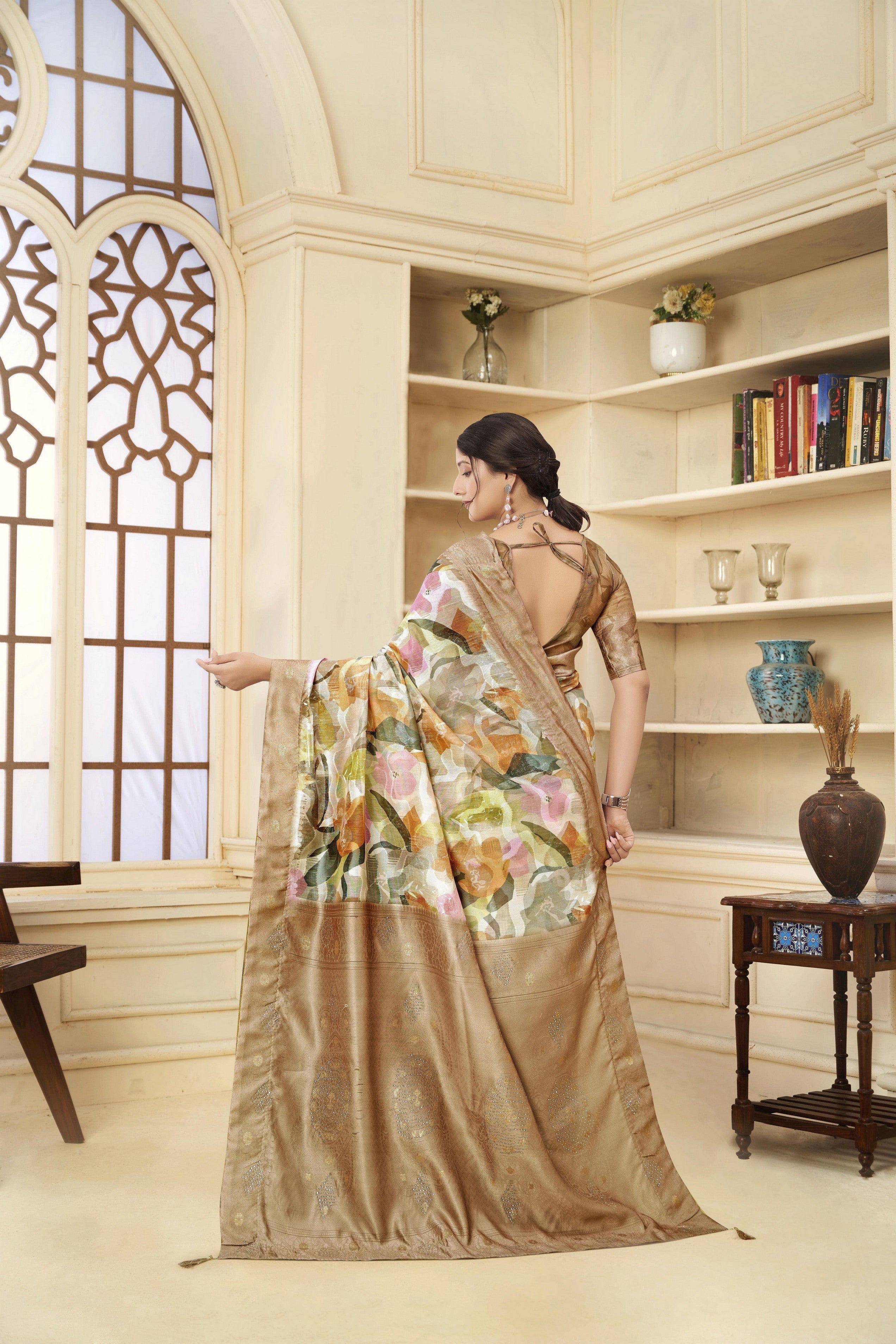 Brown Woven Jacquard Designer With Printed Rich Silk Stylish Ceremonial Saree