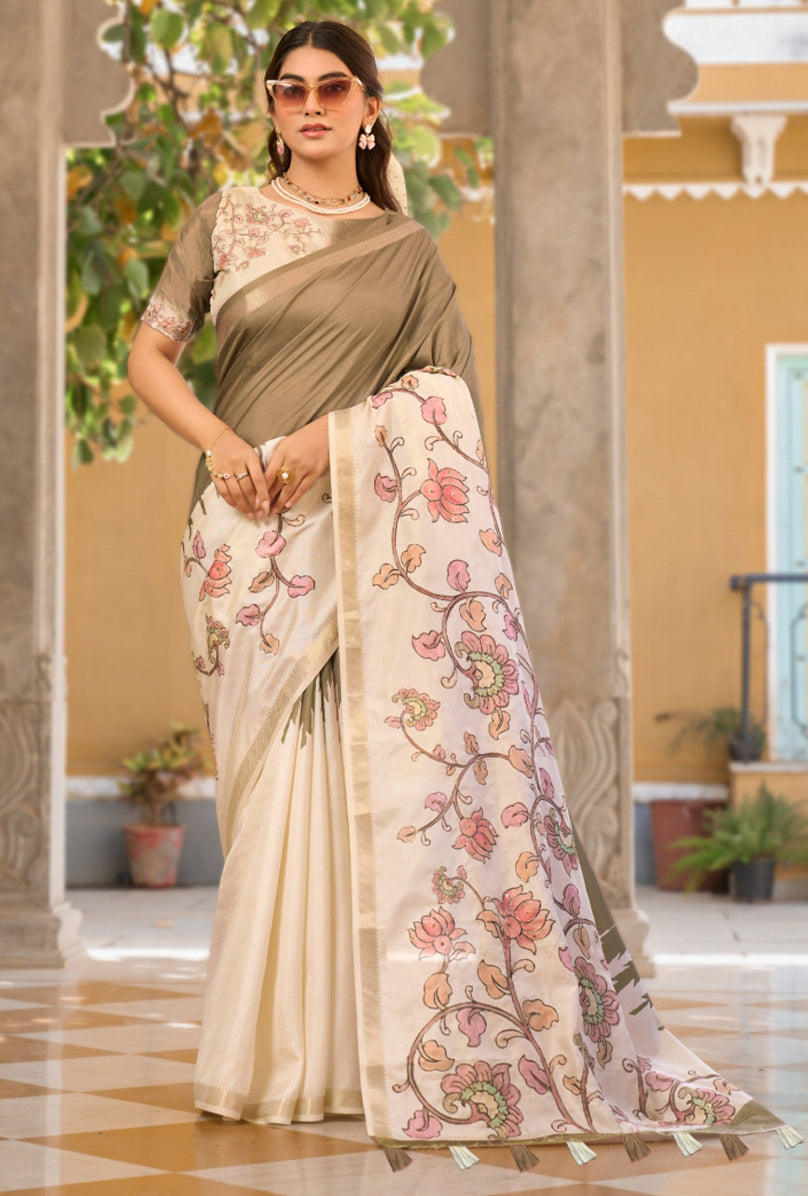 Brown & Cream Saree With Print