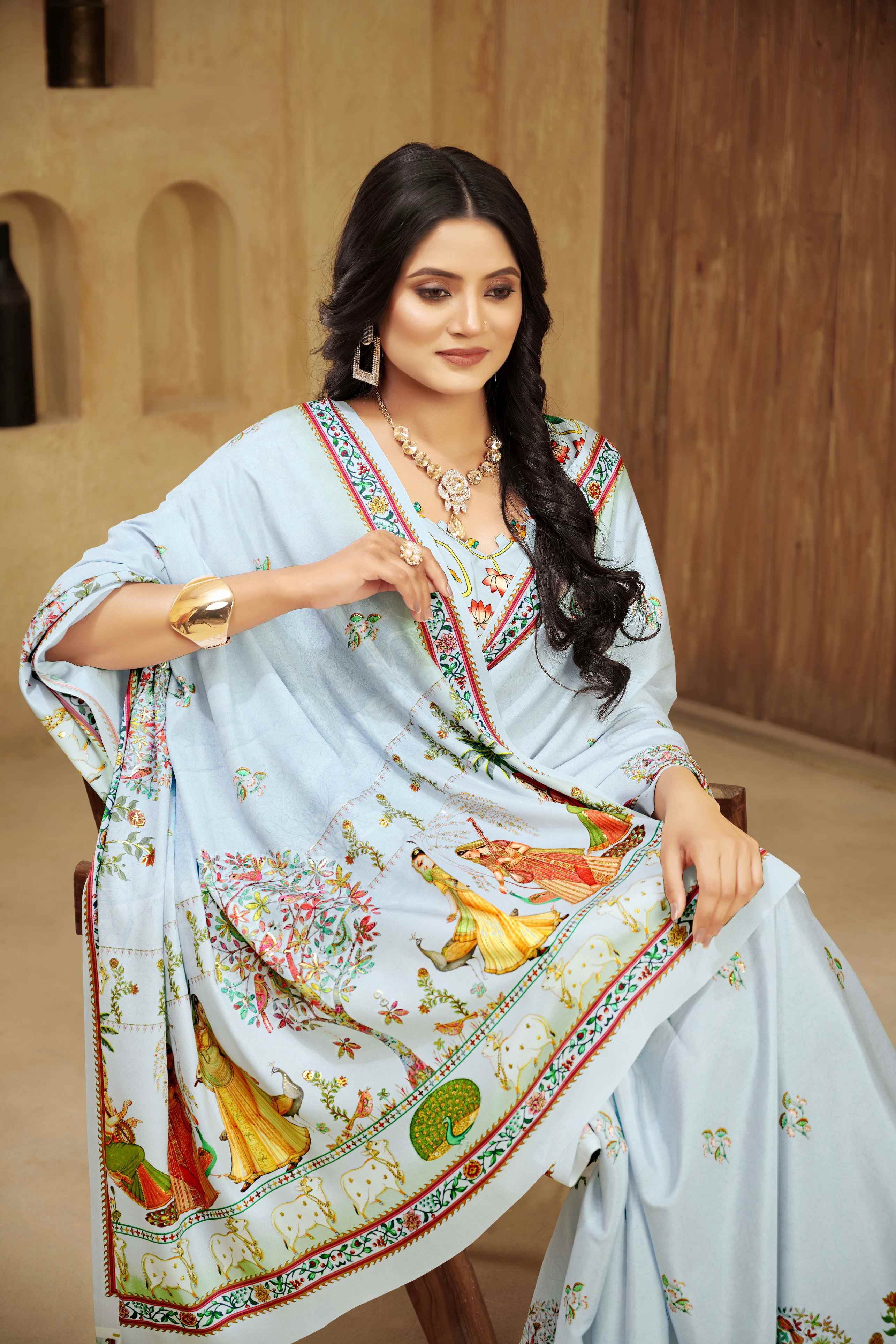 Bubble Gum Blue Beautiful Designer Position Digital Foil Printed Crepe Silk Designer Partywear Saree