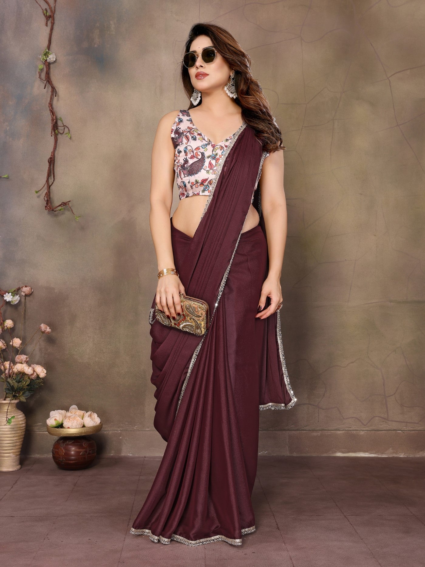 Burgundy Star Georgette Saree With Mirror Border Design