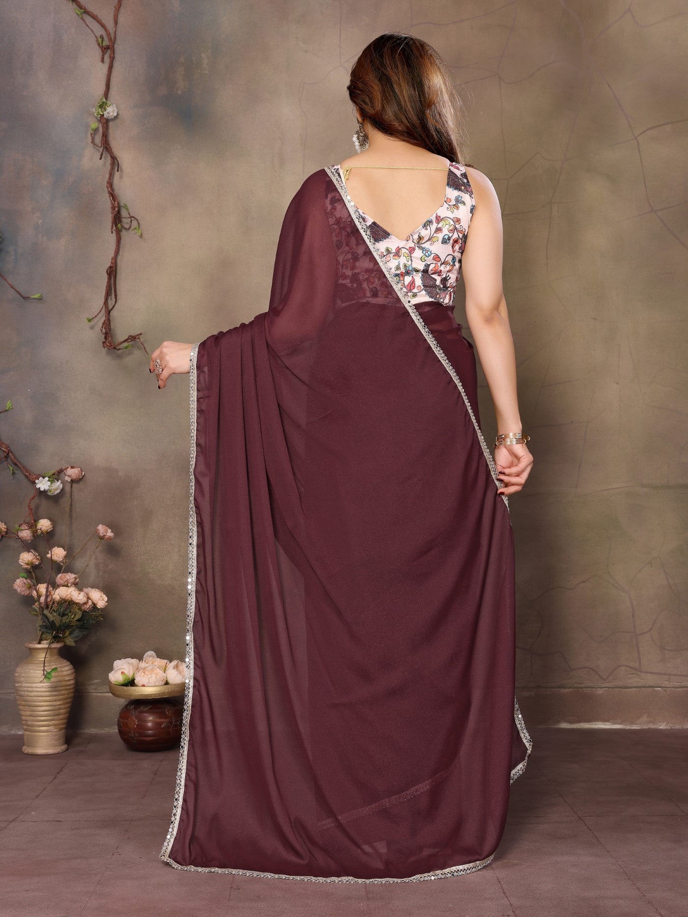 Burgundy Star Georgette Saree With Mirror Border Design