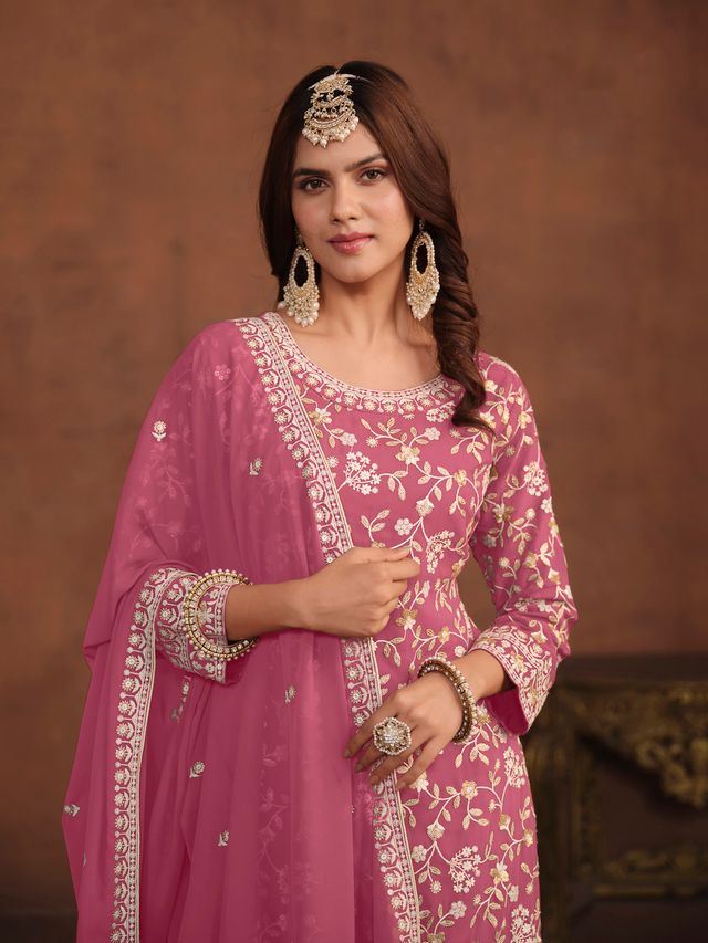 Pink Salwar Kameez With Thread Emboirdered Work
