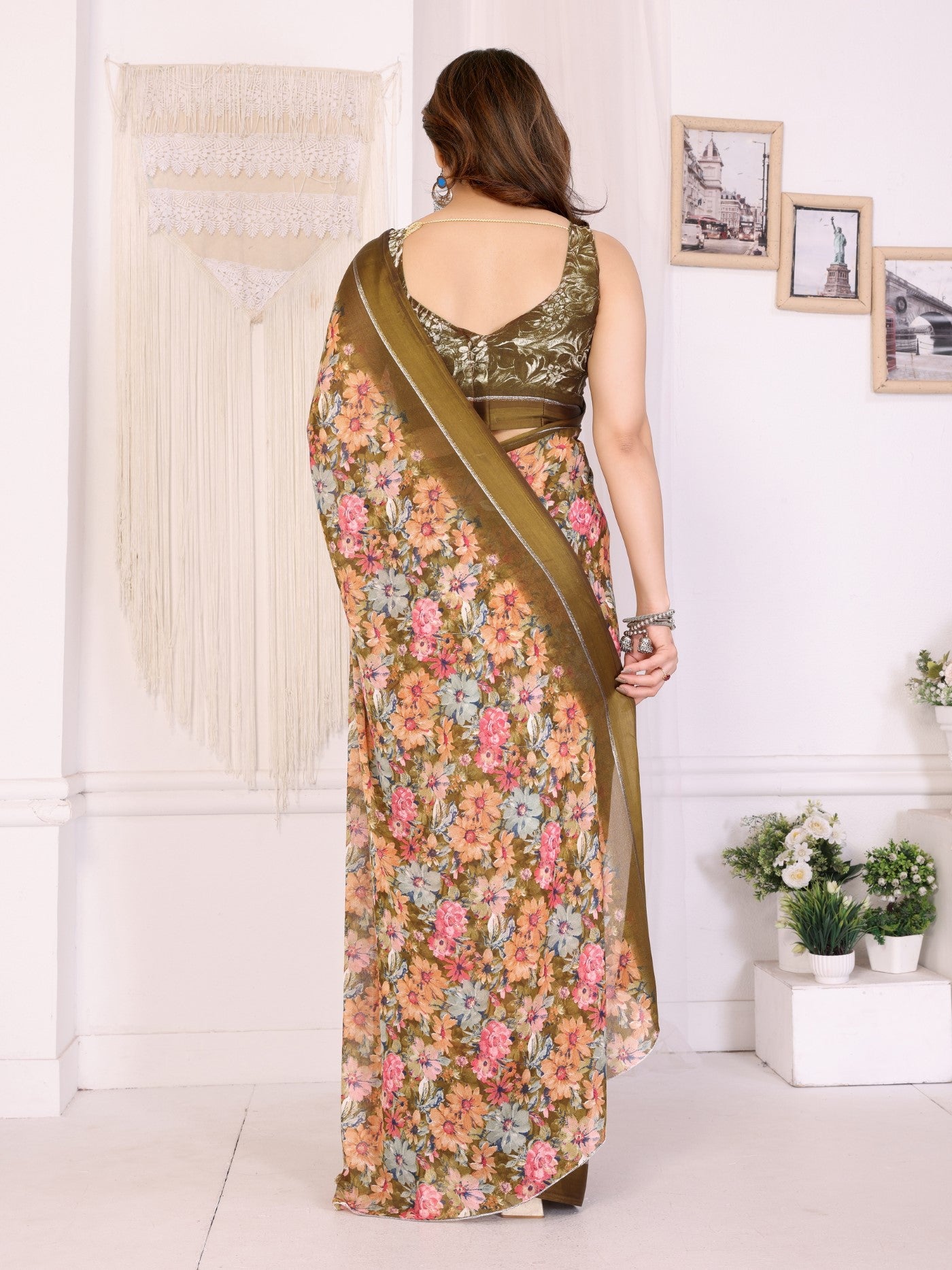 Camel Bright Moss Satin Patta Saree With Printed Design